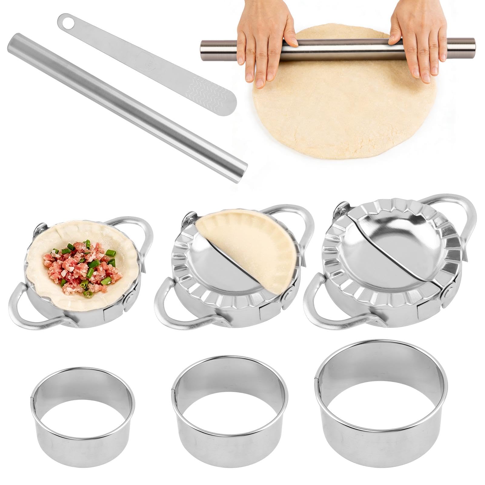 Stainless Steel Dumpling Maker Set, 3 Dumpling Maker Press + 3 Dough Cutter + 1 Stuffing Scoop +1 Rolling Pin, Easy tool for Dum