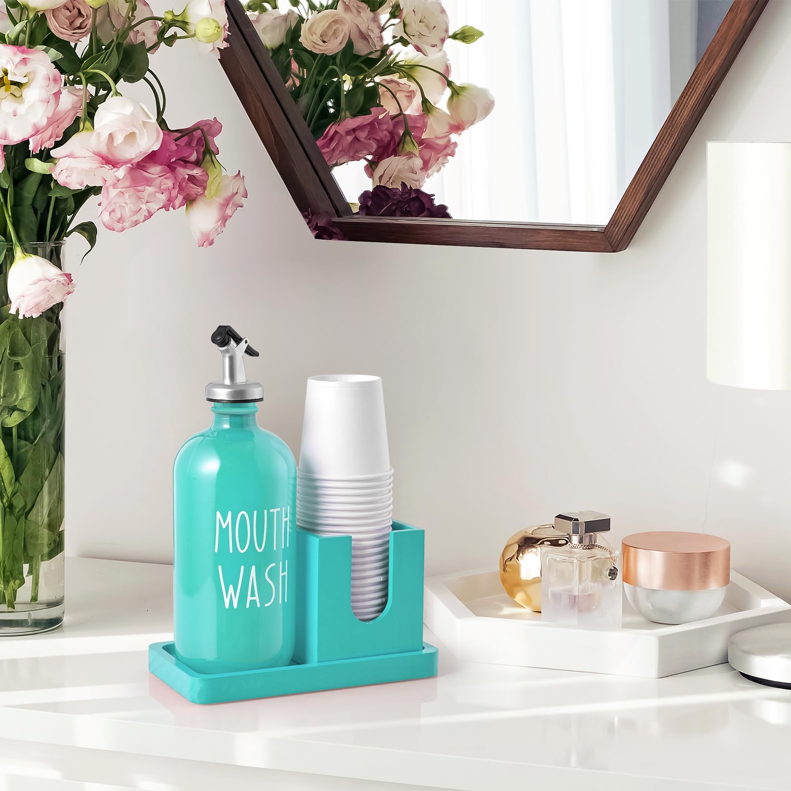 Turquoise Mouthwash Dispenser For Bathroom, 16 Oz Glass Mouthwash Dispenser With Wood Cup Holder And Tray, Mouth Wash Bottle Con
