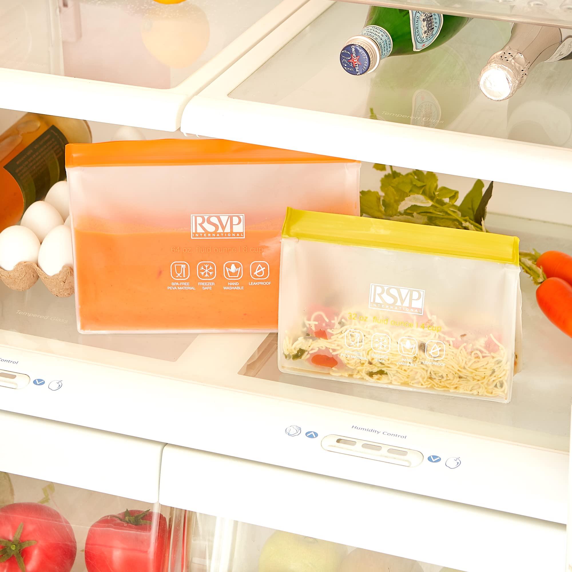 Rsvp International Reusable Food Storage Collection Eco Seal Bags, Stand-N-Seal Set, Orange/Yellow