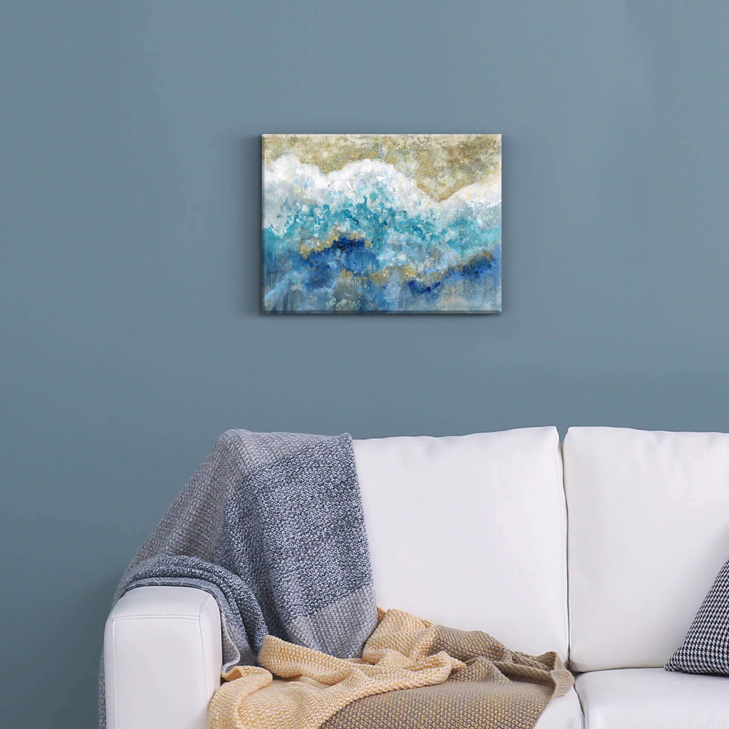 Abstract Picture Canvas Wall Art: Blue & Gold Artwork Painting Print On Canvas Small Size For Walls (16'' X 12'' X 1 Panel)