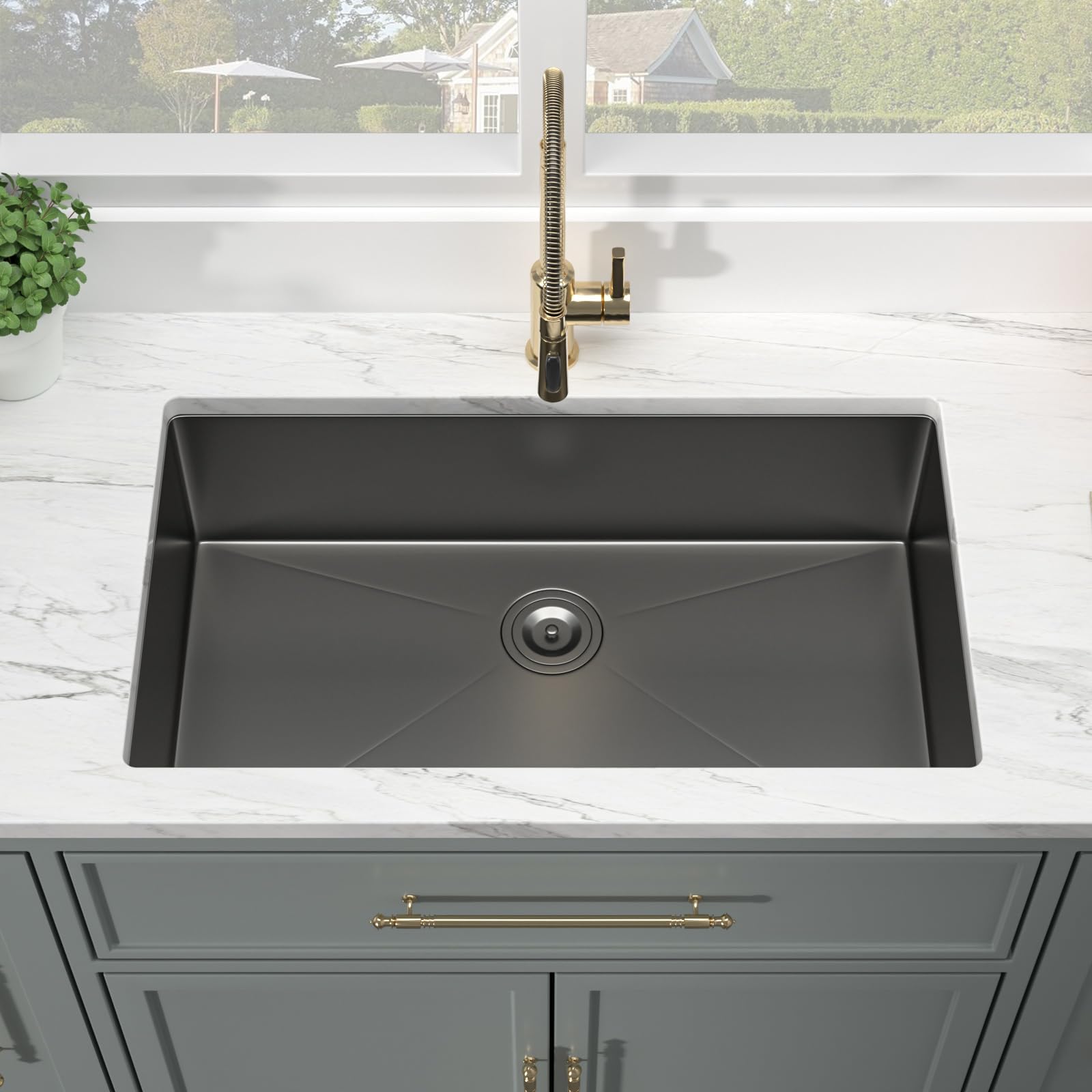 Kichae 30 Black Undermount Kitchen Sink - 30 Inch Undermount Sink 18 Gauge Gunmetal Black Stainless Steel Deep Handmade Single B