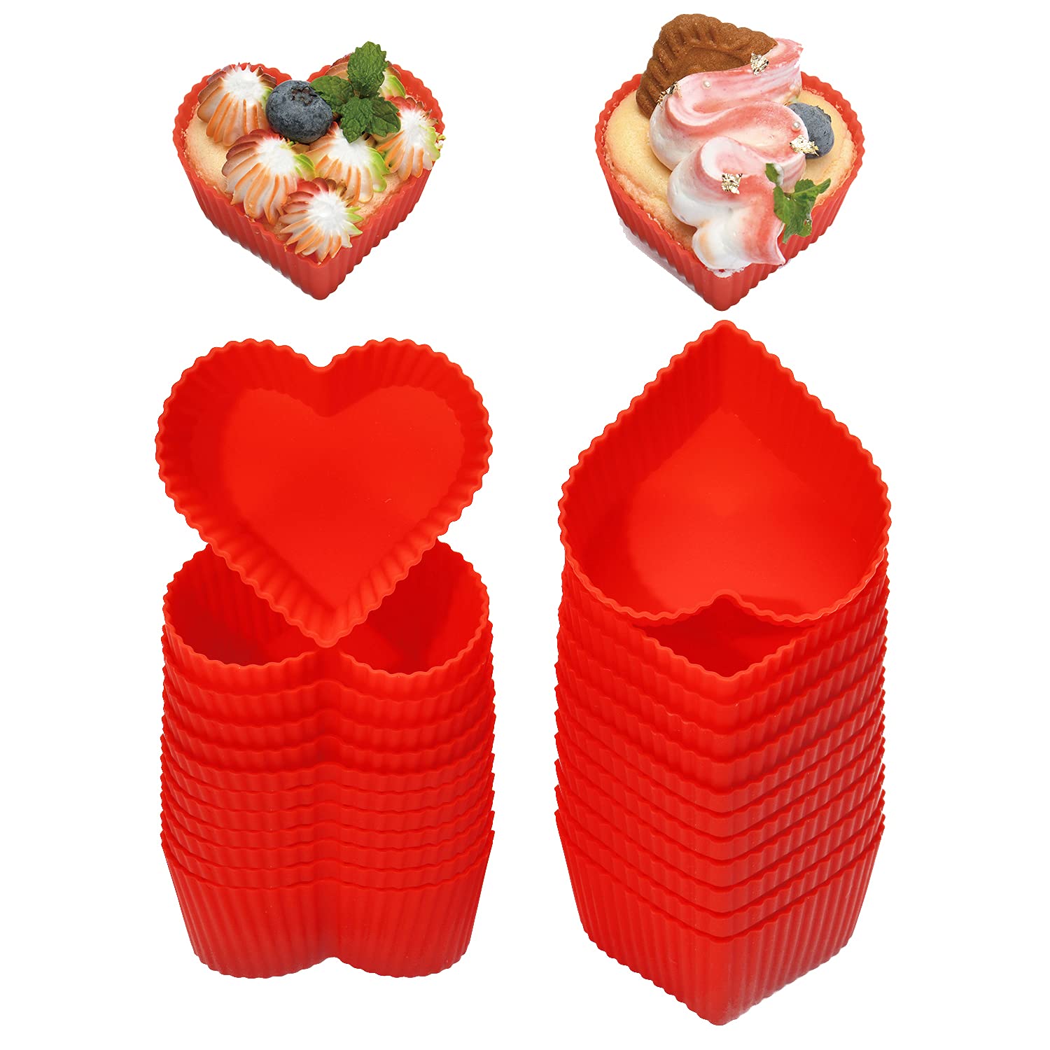 Baking Cups Cupcake Liners Silicone - Non-Stick Pastry Muffin Liner Molds, 2.75 Inch Reusable Storage Container,Heart,24 Pack