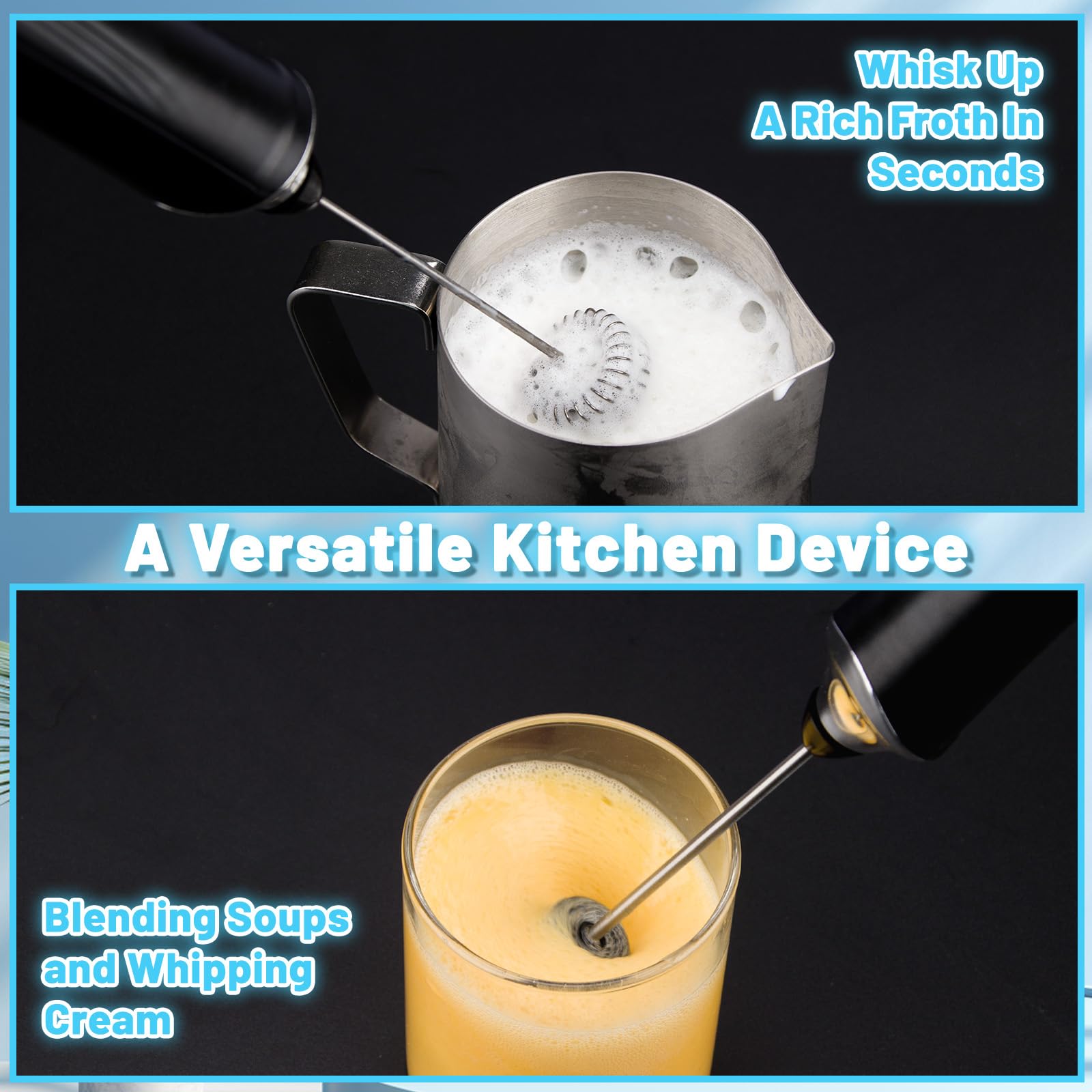 Tonjin Milk Frother Usb-C Rechargeable Handheld Frother Wand With 2 304 Stainless Whisks, New Upgraded 3 Speeds Coffee Whisk Fro