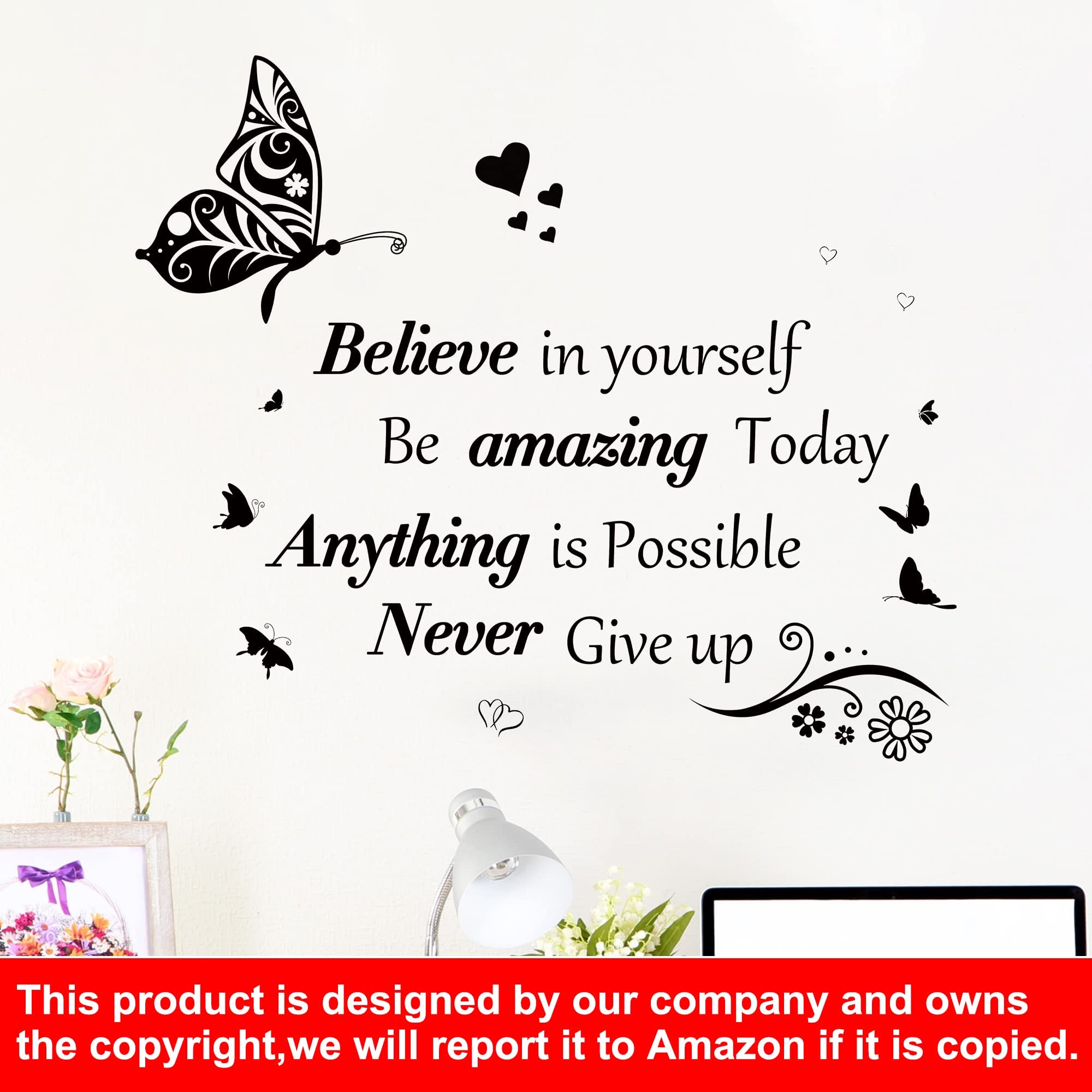 Inspirational Quotes Wall Decals Large Removable Motivational Saying Wall Stickers Positive Lettering Word Decal Butterfly Sticker Peel and Stick for Classroom Home Bedroom Family Office Wall Art Decor