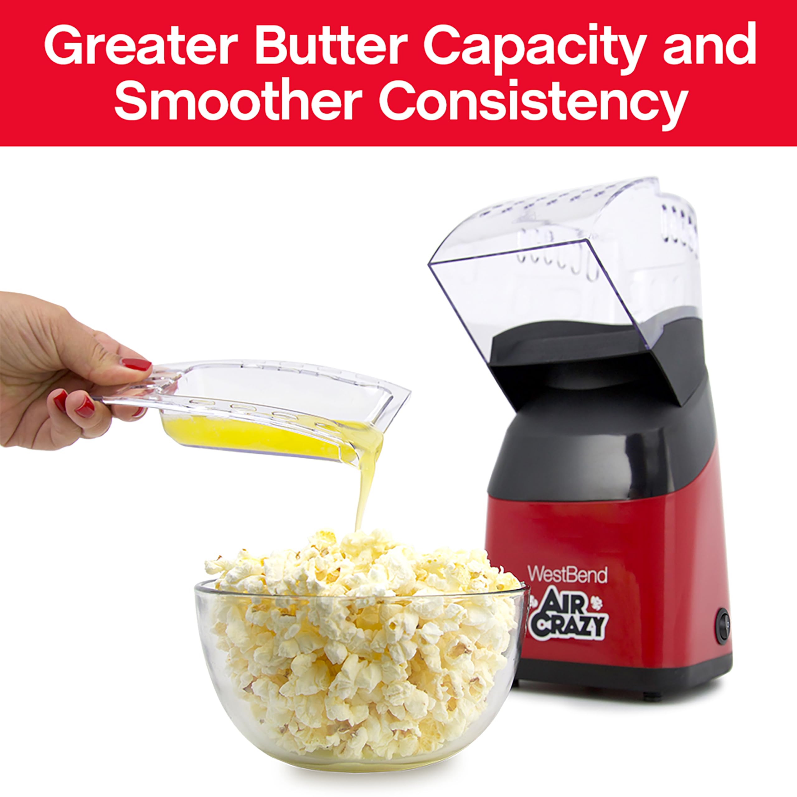 West Bend Air Crazy Popcorn Machine For Healthy Snacking With No Oil, 4-Quart, Red