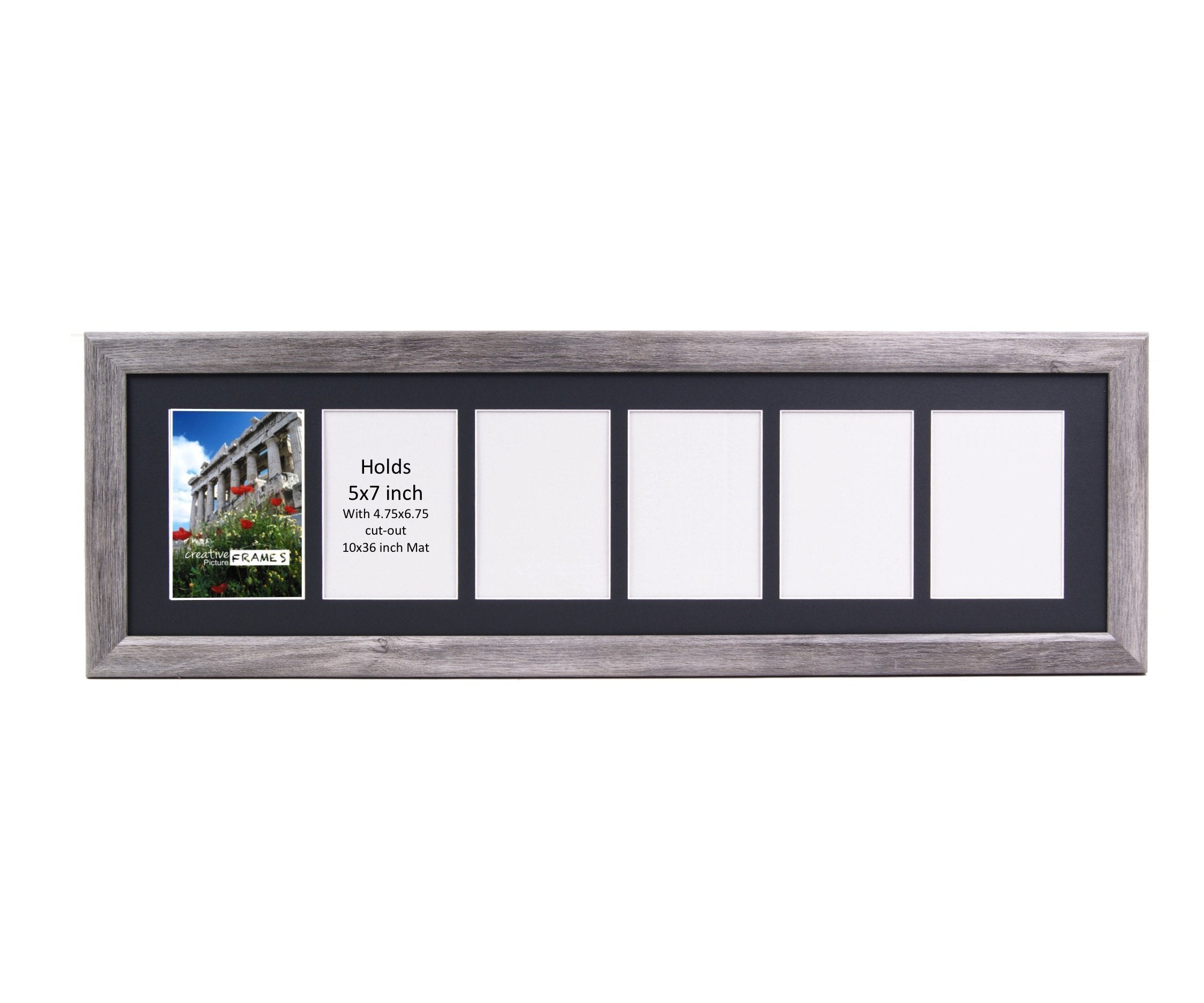 CreativePF 6 Opening Driftwood Picture Frame with Glass to hold 5 by 7 inch Photographs including 10x36-inch Black Mat Collage