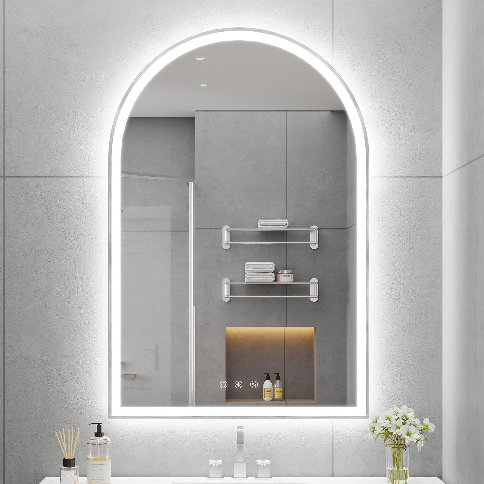 Oumusu Arched Led Bathroom Mirror 24''X36'' With Front And Backlight, Brushed Nickel Bathroom Mirror With Lights-Anti-Fog, Dimma