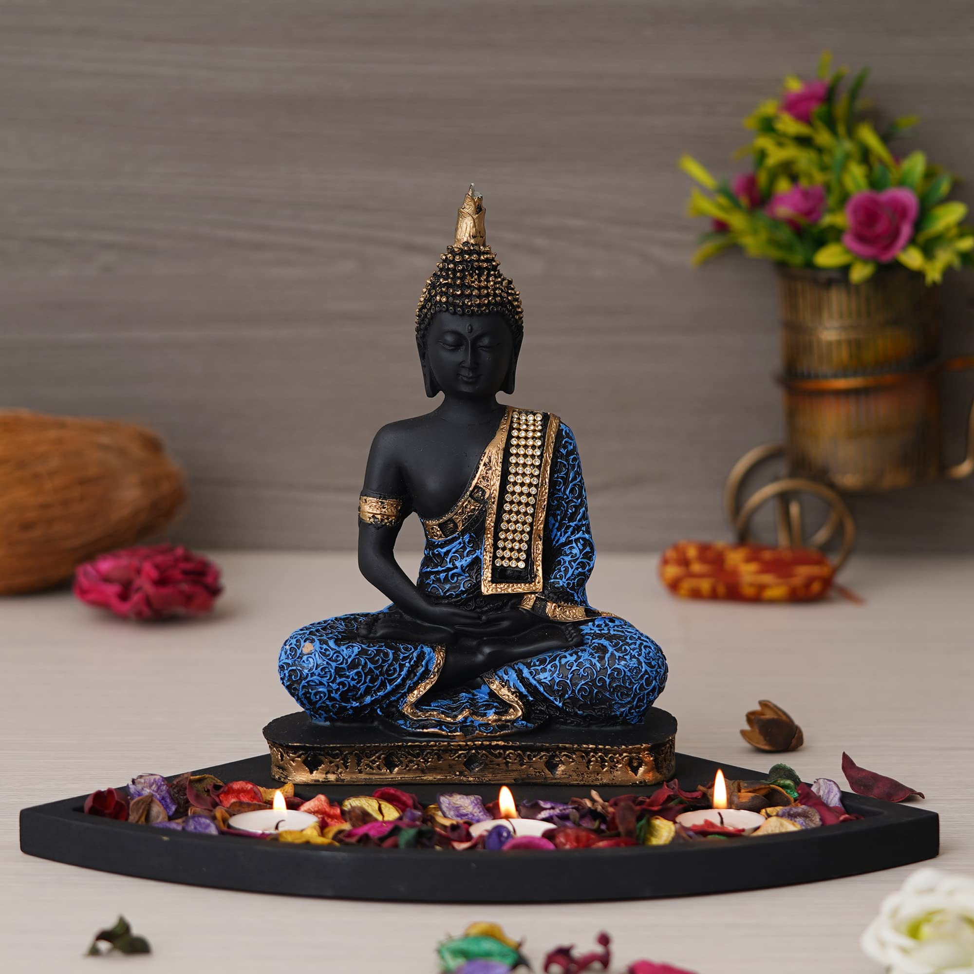 Ecraftindia Blue Resin Meditating Lord Buddha Statue Tea Light Candle Holder| Buddha Idol Tea Light Holder Diwali Decoration Ite