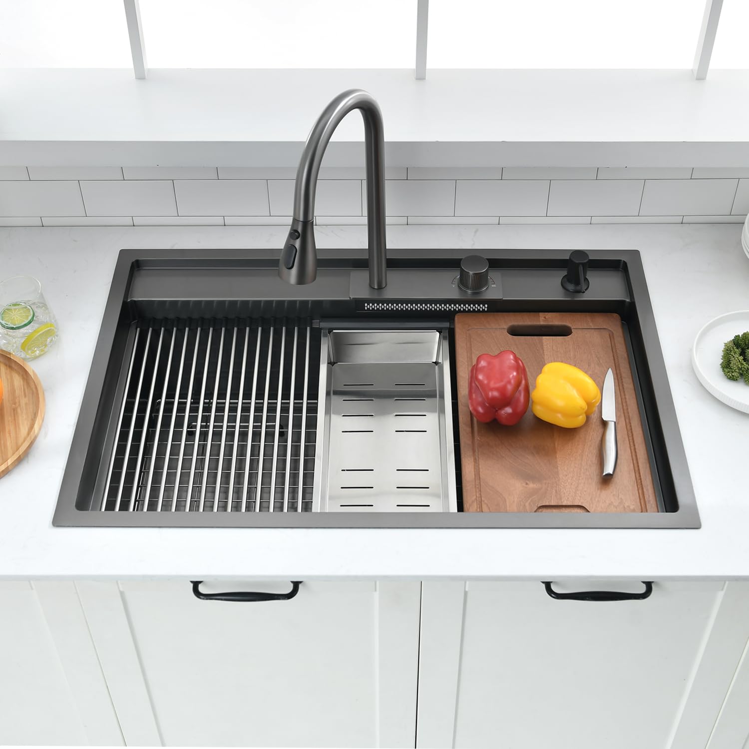 33 Inch Drop In Kitchen Sink Splash Guard Waterfall Workstation Black - Vokim 33X22-Inch Single Bowl Sink 16 Gauge Black Stainle