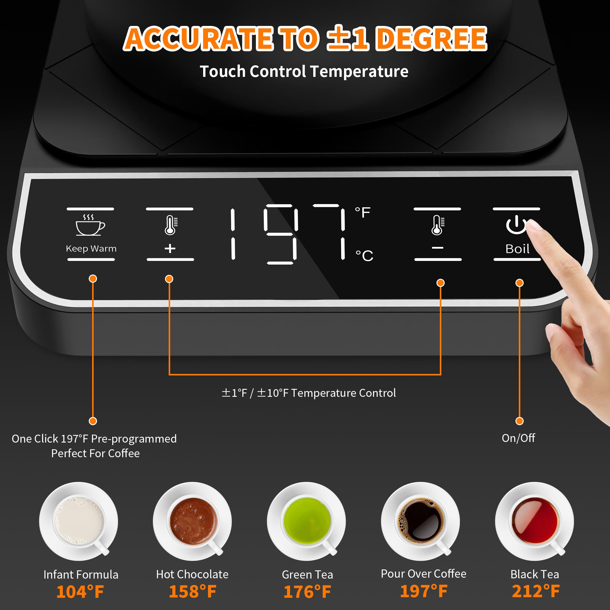 Binroc Electric Gooseneck Kettle, 1? Temperature Control One Click 197? Pour Over Kettle For Coffee & Brew Tea, Hot Water Boiler