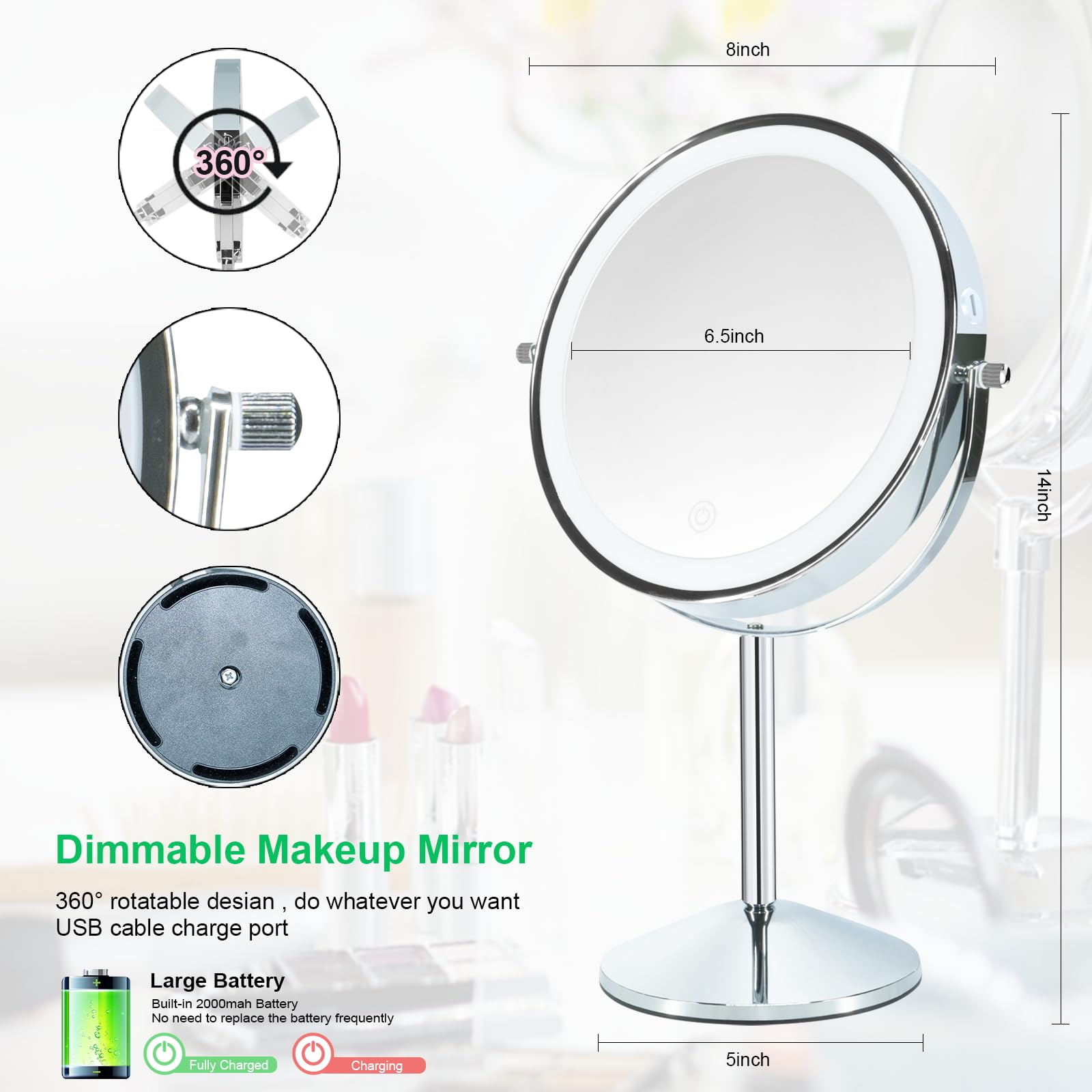 Makeup Mirror With Light, 8 Inch Rechargeable 1X 10X Magnifying Mirror With Lights, Lighted Vanity Mirror With Magnification, Do