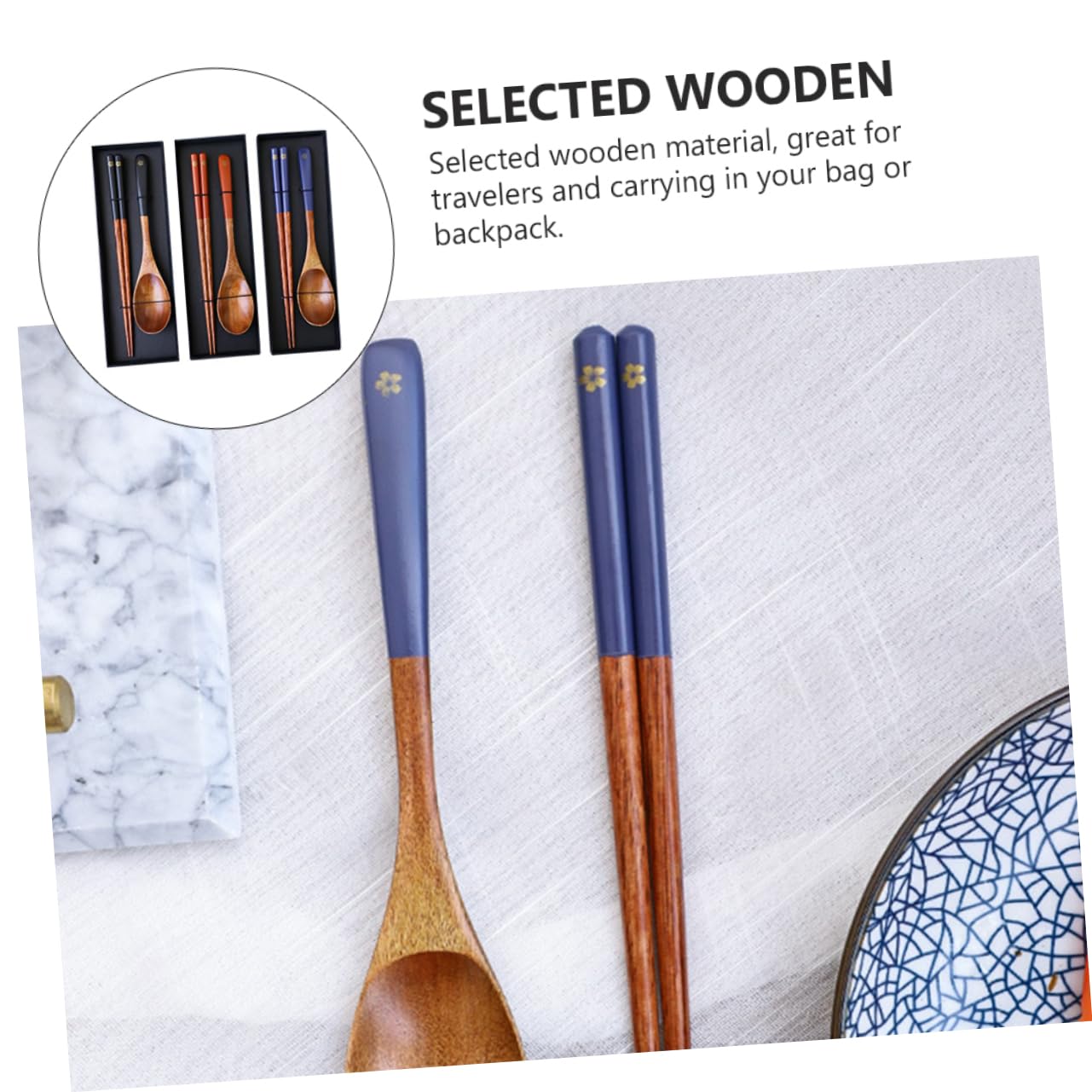 Feltechelectr 3 Sets Japanese Style Wooden Spoon Chopsticks Wood Utensils Cutlery Set Salad Woden Spoon Chopsticks Sets Travel C