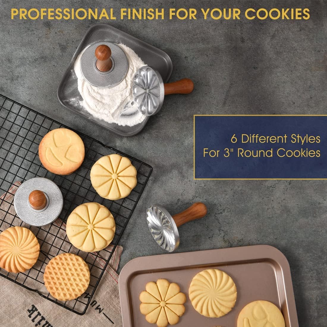 Oppein Cookie Stamps Set Of 3, Metal Cookie Press Cutter Mold With Wooden Handle, Cookie Decorating Supplies For Diy Baking, Cak