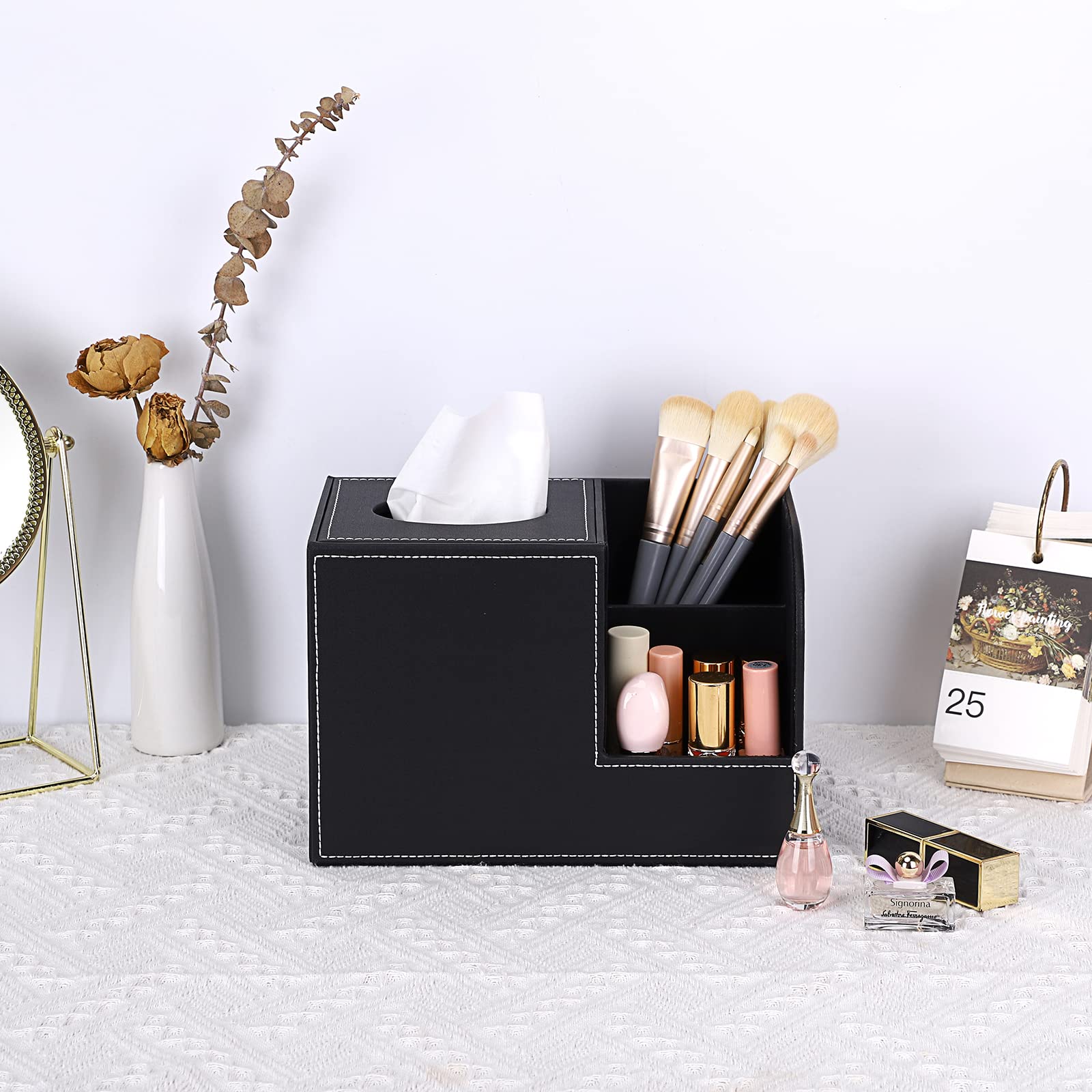 Sumnacon Square Leather Tissue Box Cover - Decorative Cube Tissue Box Holder With Side Organizer, Modern Tissue Box For Living R