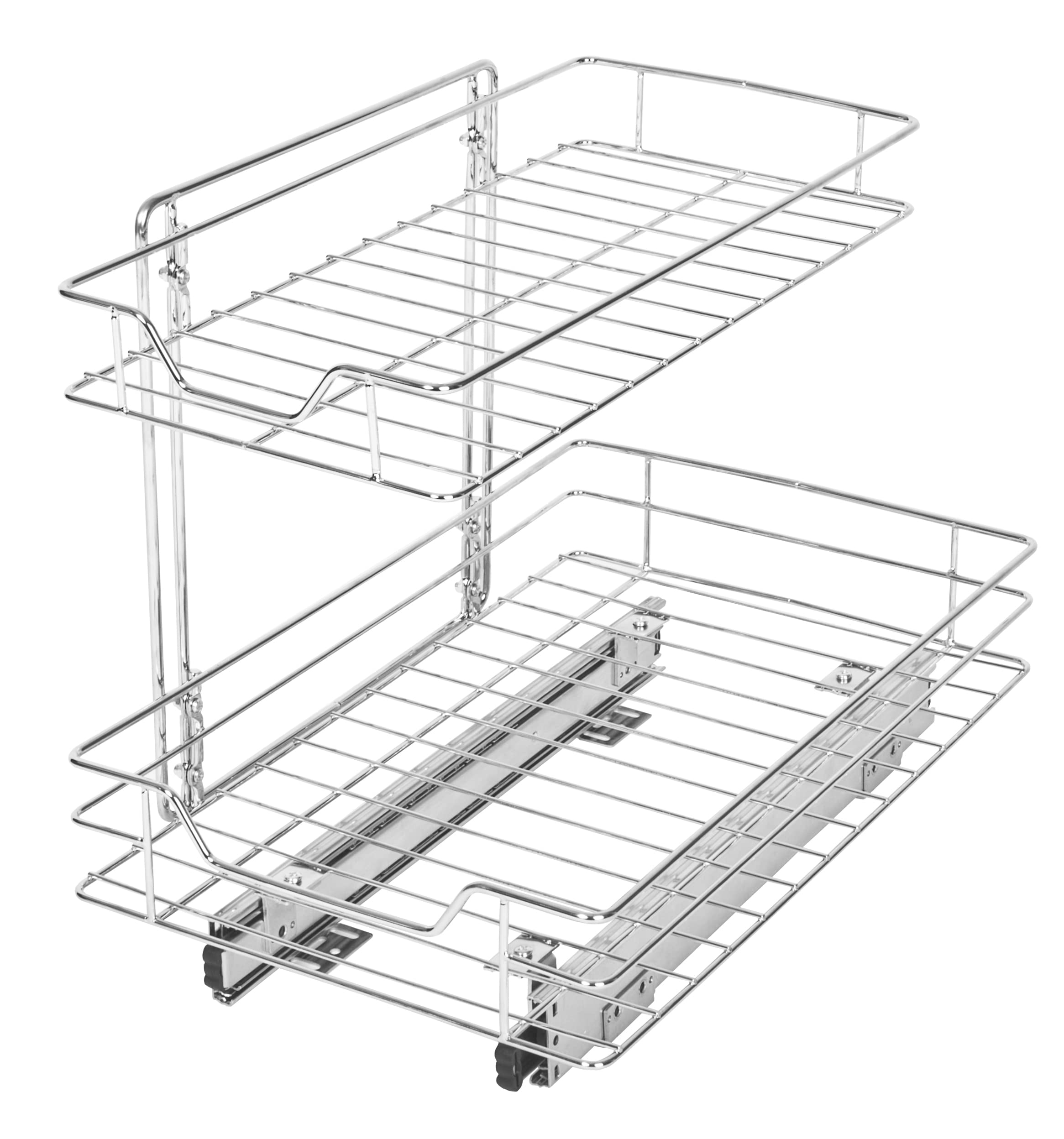 Smart Design Pull-Out Cabinet Organizer - 2-Tier Chrome, Small Top, Medium Bottom - Steel Sliding Cabinet Organizer Holds Up To