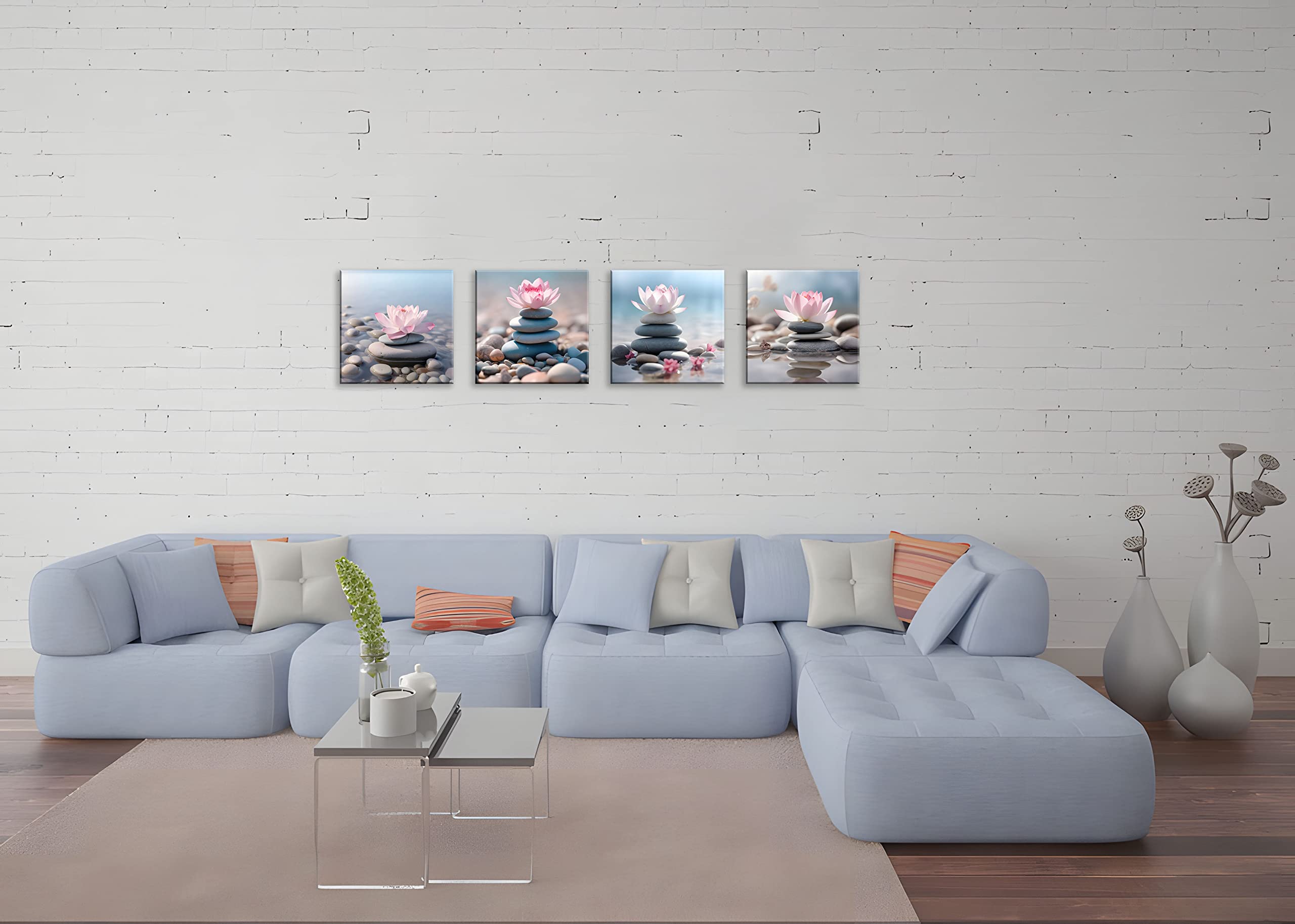 NAN Wind 4PCS Mordern Zen High-Definition Canvas Print Pink Lotus Stacked Zen Stones Spa Wall Art Easy-to-Hang Wall Art for Serene Home Deco Meditation Rooms Yoga Studios and Zen Enthusiasts