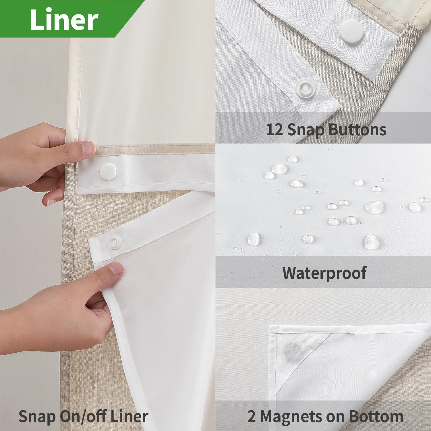 Eachope Extra Long No Hooks Needed Linen Textured Shower Curtain With Snap-In Fabric Liner Set,Cream Hotel Luxury Decor Shower C