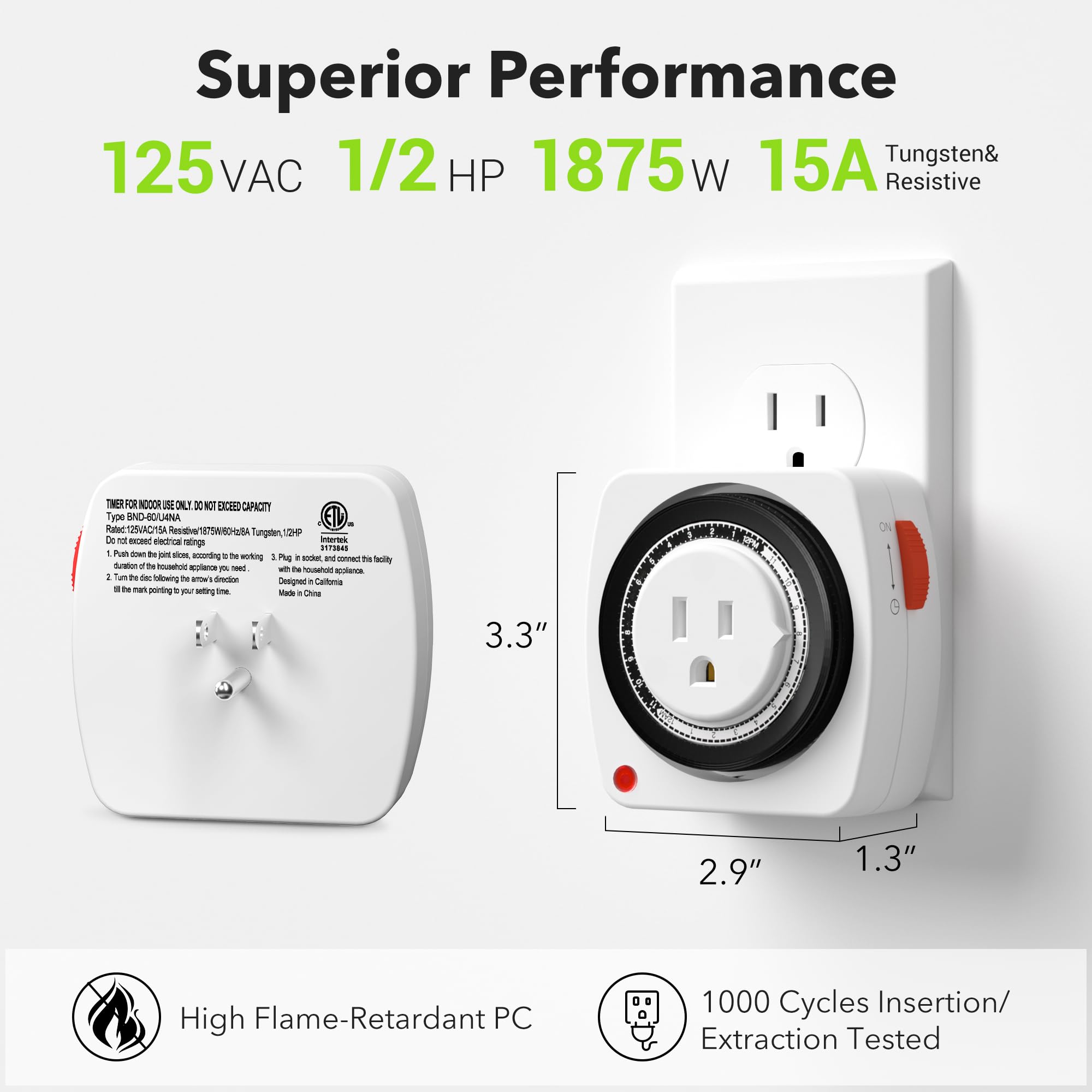 Bn-Link 24-Hour Plug-In Mechanical Timer, Mini Outlet Timer Indoor With 15-Minute Intervals, 3-Prong Plug For Aquariums, Grow Li