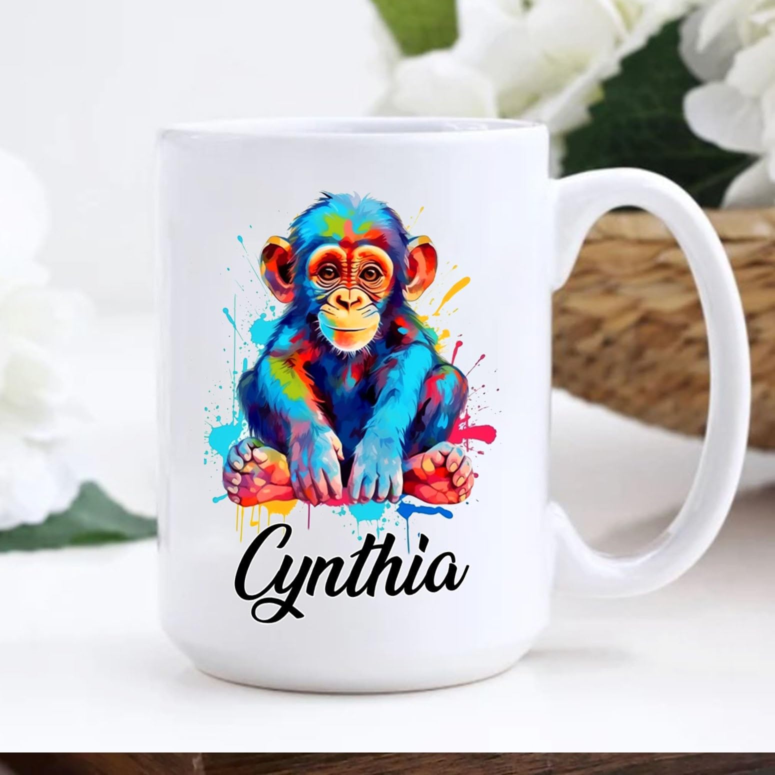 Personalized Monkey Coffee Mug With Choose Name, Customized Monkey Animal Color Coffee Cup 11 Oz 15 Oz, Monkey Lover White Ceram