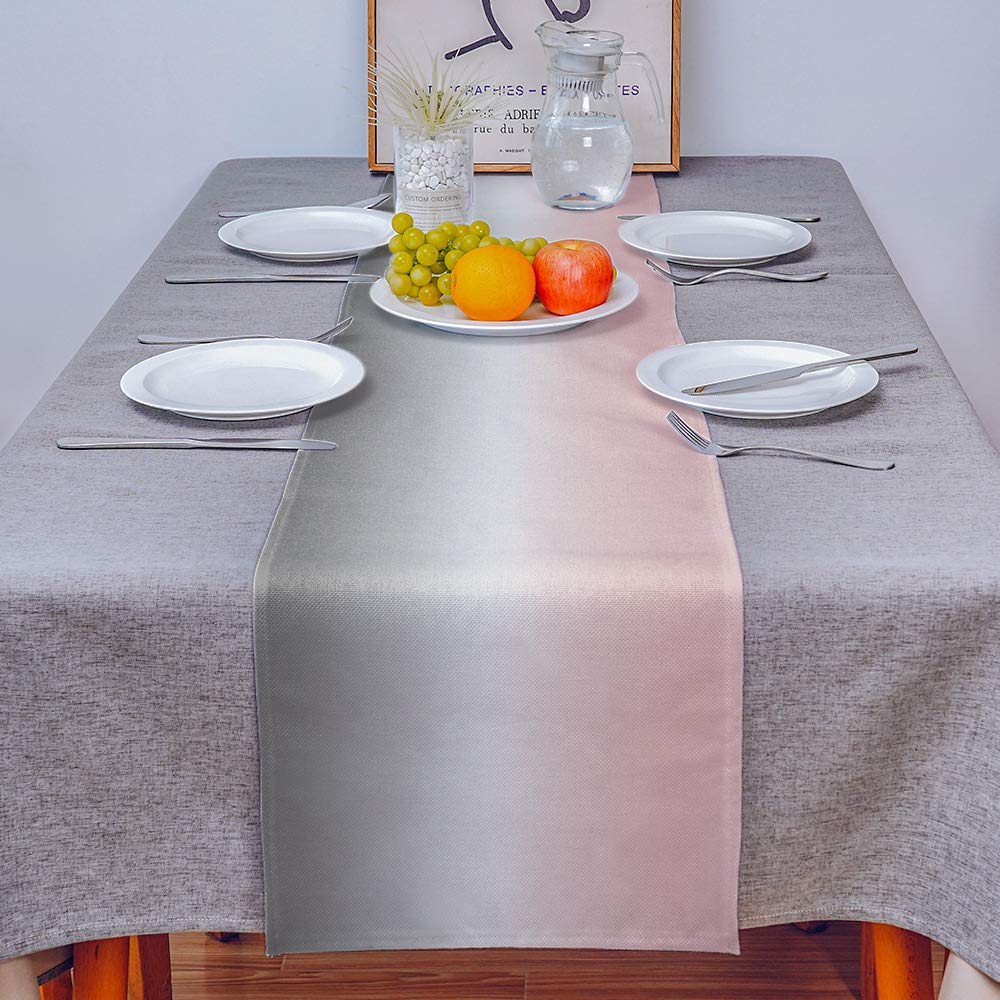 Leohome Ombre Cotton Linen Rectangle Table Runners 13''X36'', Gradient Pink And Grey Luxury Table Runners For Wedding Party Banq