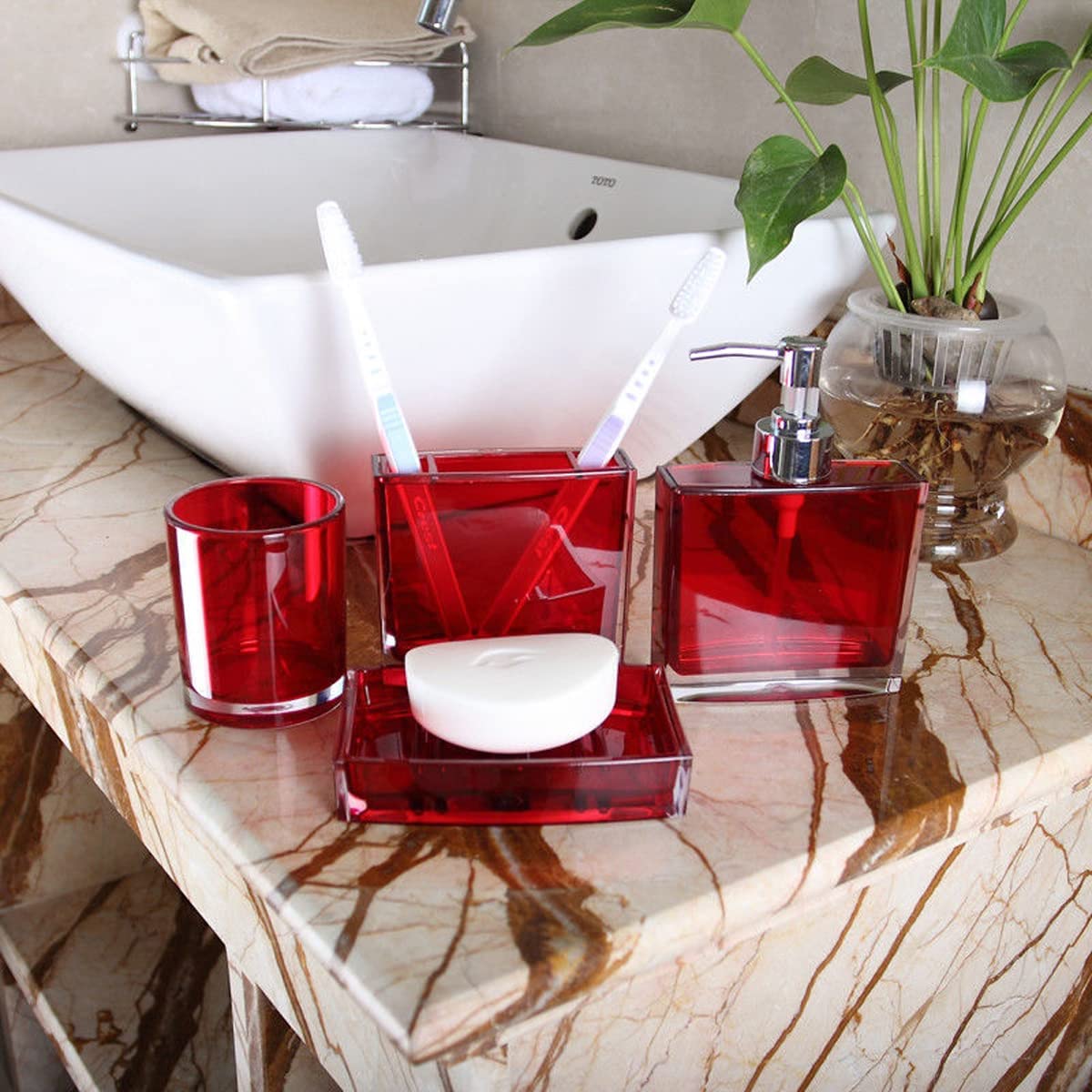 Tuanyo Red Bathroom Accessories Set - 5 Pcs Acrylic Bathroom Accessory Set - Toothbrush Holder, 2 Toothbrush Cups,Soap Dispenser