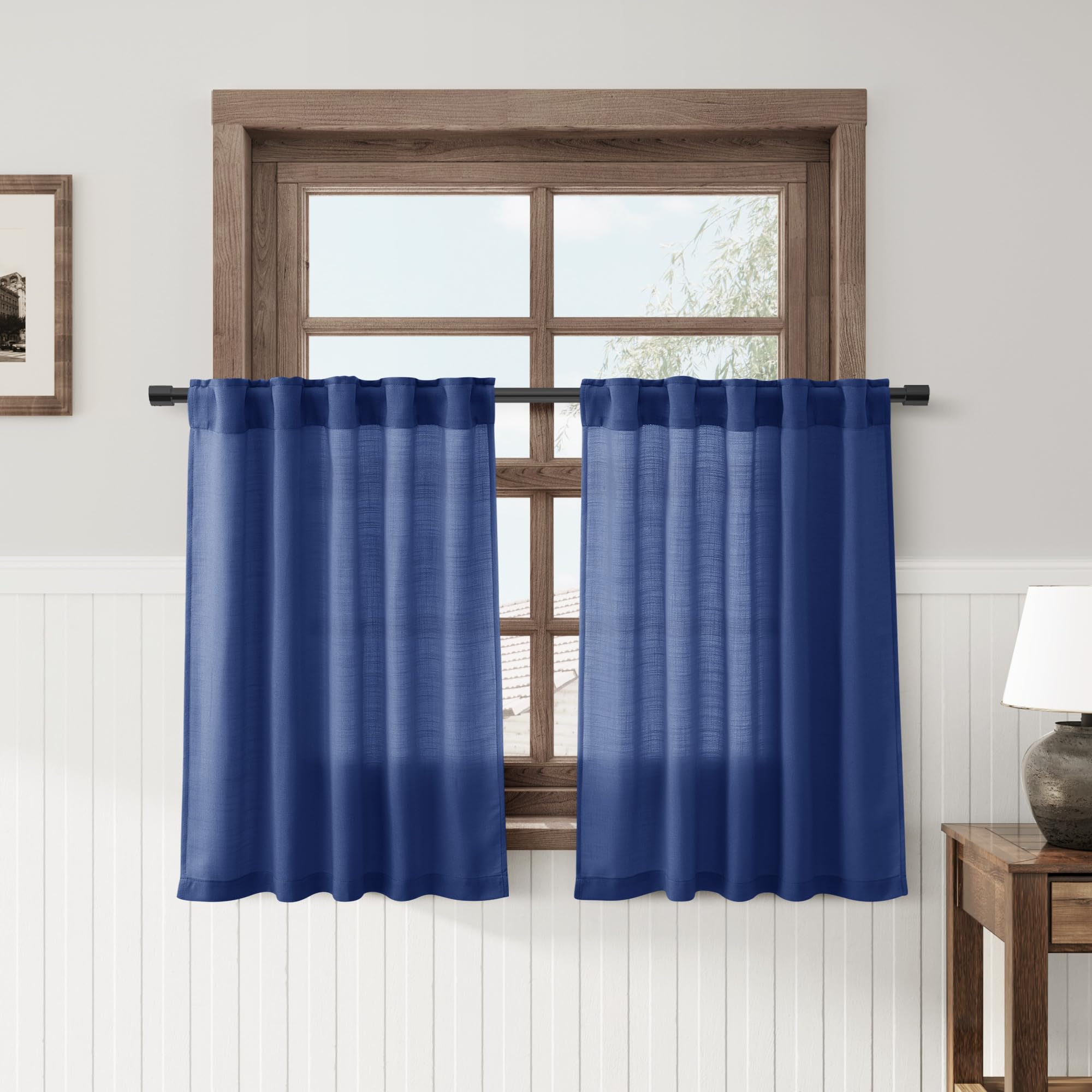 Classic Blue Kitchen Linen Curtains 36 Inch Length 2 Pack Privacy Light Filtering Linen Short Drapes with Rod Pocket Back Tab fo