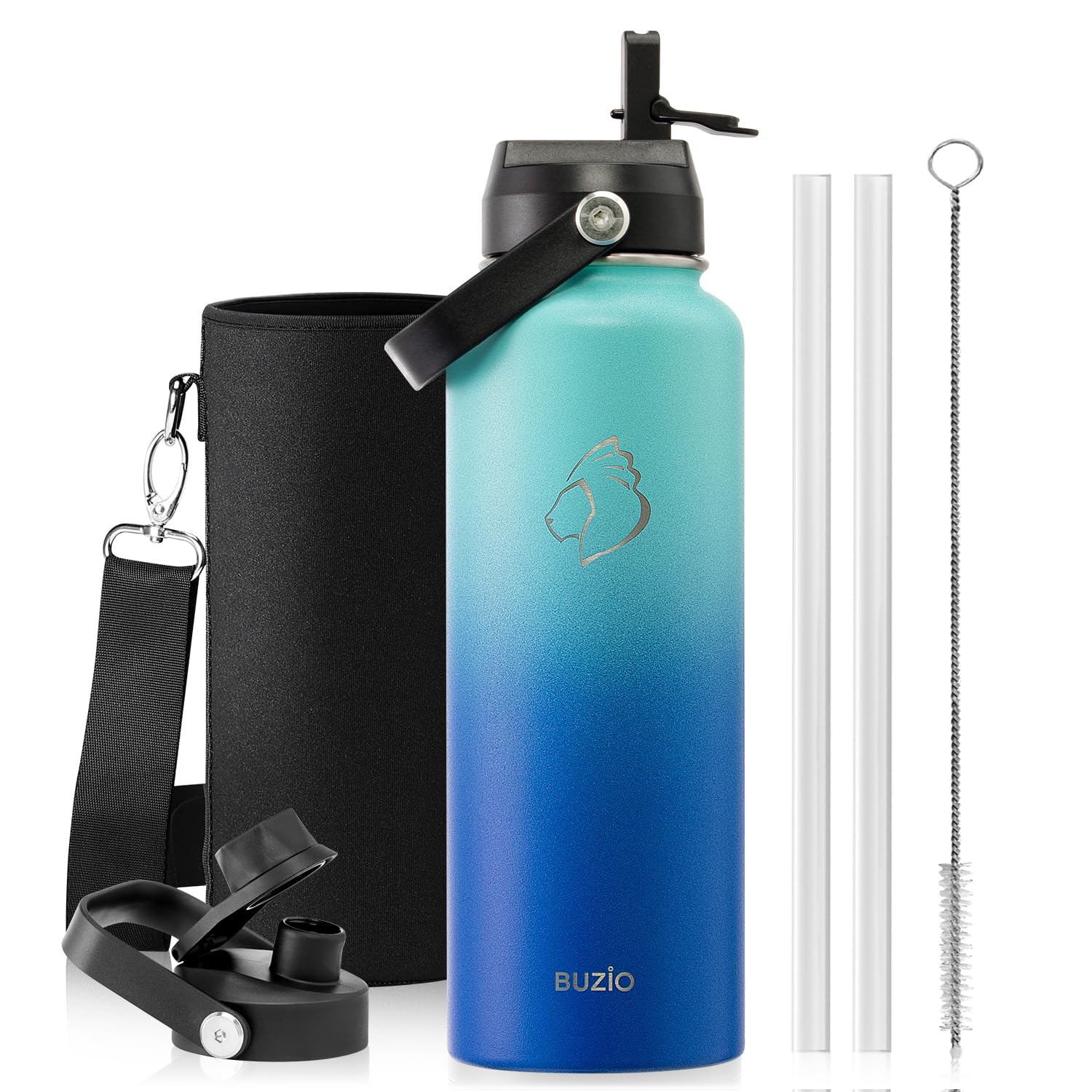 BUZIO Double Wall Stainless Steel Sports Wide Mouth Water Bottle  BPA-Free Flex Cap and Straw Lid  40 Ounces & 32 Ounces Water Bottle  Sea Breeze