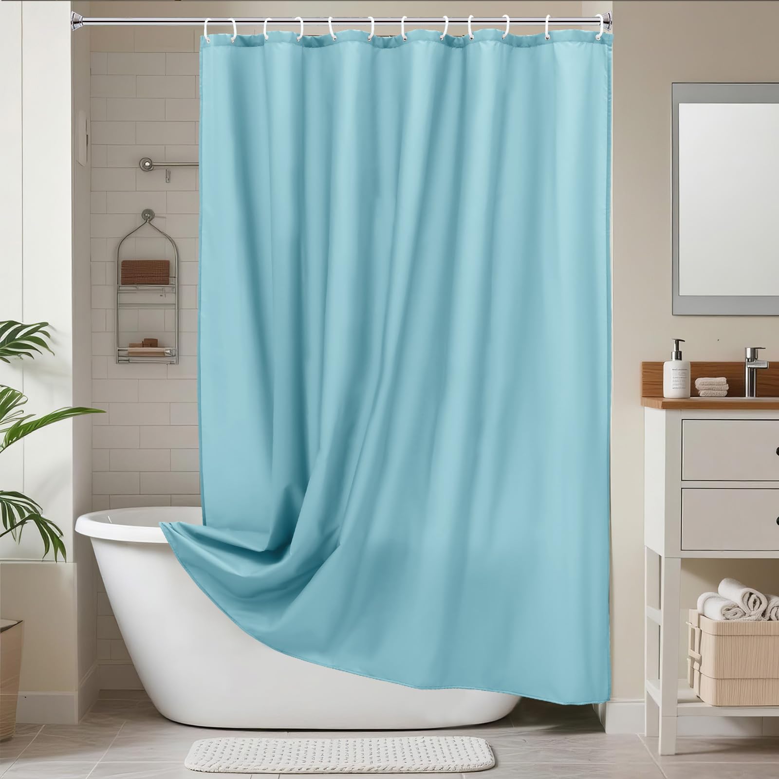 AooHome Stall Size 48x72 inch Shower Liner  Fabric Solid Color Bathroom Curtain with Hooks  Weighted Hem  Waterproof  Blue