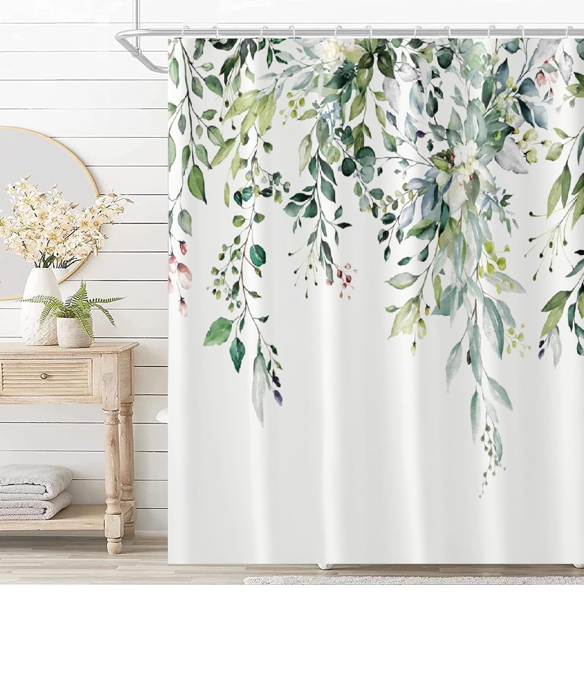 Bivinar Green Eucalyptus Leaves Shower Curtain, Watercolor Plant Floral Bathroom Shower Curtain, Fabric Waterproof Botanical Sho