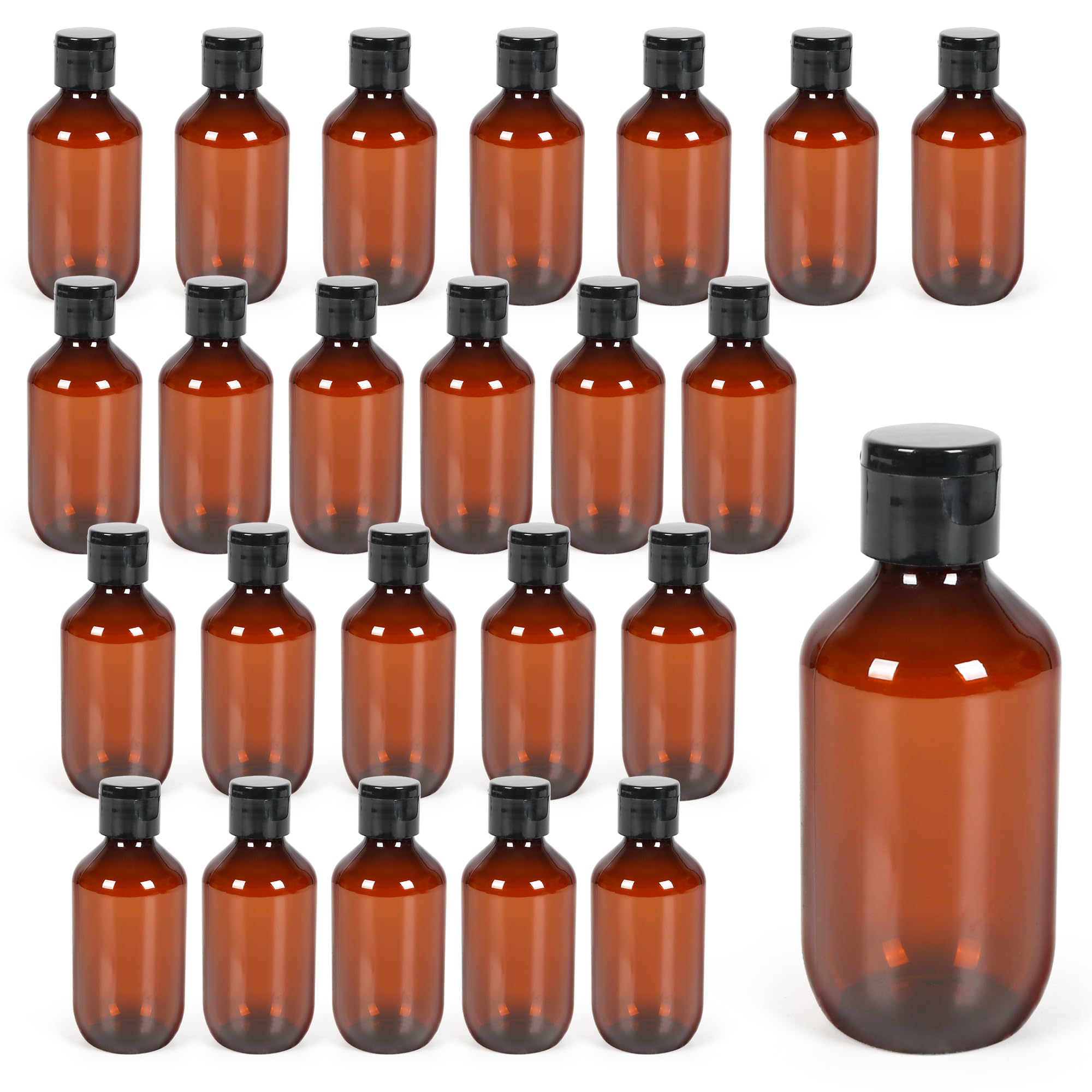 Travel Size Amber Bottles With Flip Cap - 24 Pack 3.4Oz Leak Proof Dispenser Containers For Toiletries, Essential Oils & Shampoo