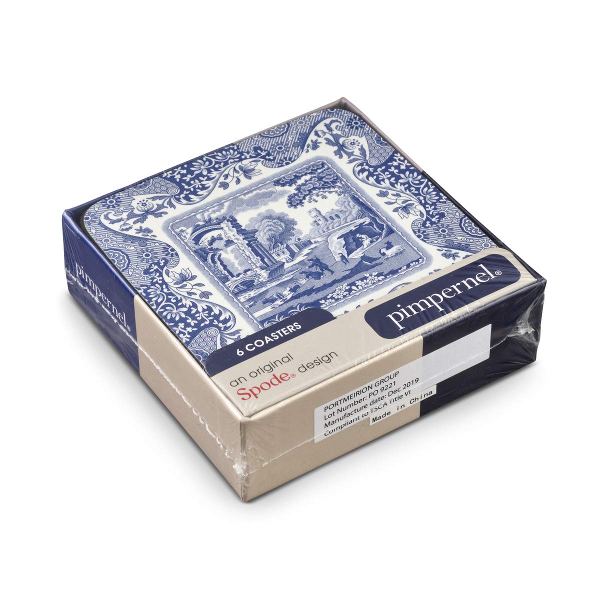 Spode Pimpernel Blue Italian Coasters Set of 6, 4" x 4", Cork Backing, Elegant Design, Protects Furniture, Easy to Clean