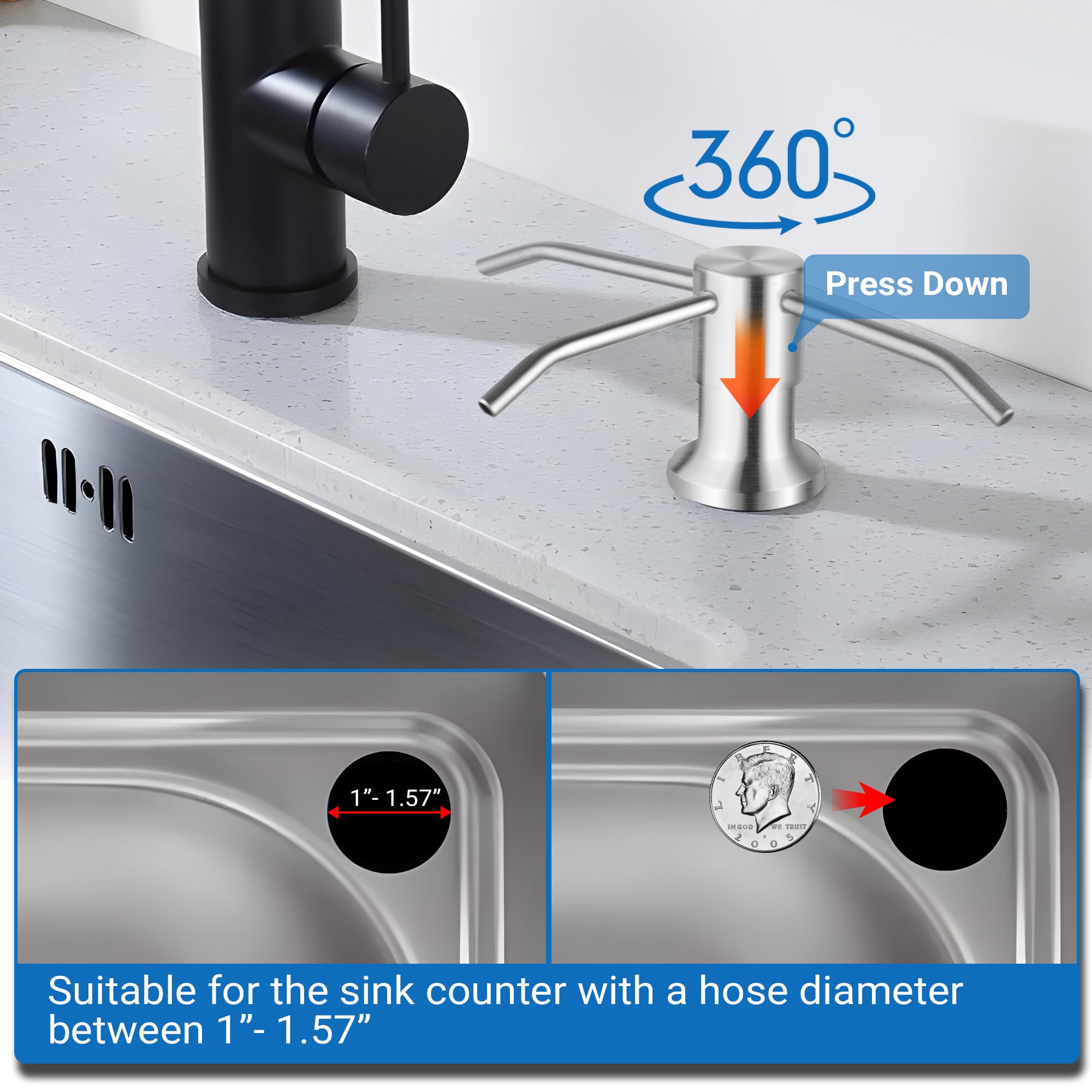 Dish Soap Dispenser For Kitchen Sink And Tube Kit (Brushed Nickel), 47 Tube Connects Pump Directly To Soap Bottle, Stainless Ste
