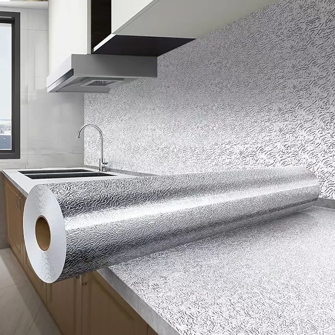 Kitchen Backsplash Waterproof Oil Proof Aluminum Foil Sticker, Texture Peel And Stick Wallpaper Removable And Self Adhesive Pape