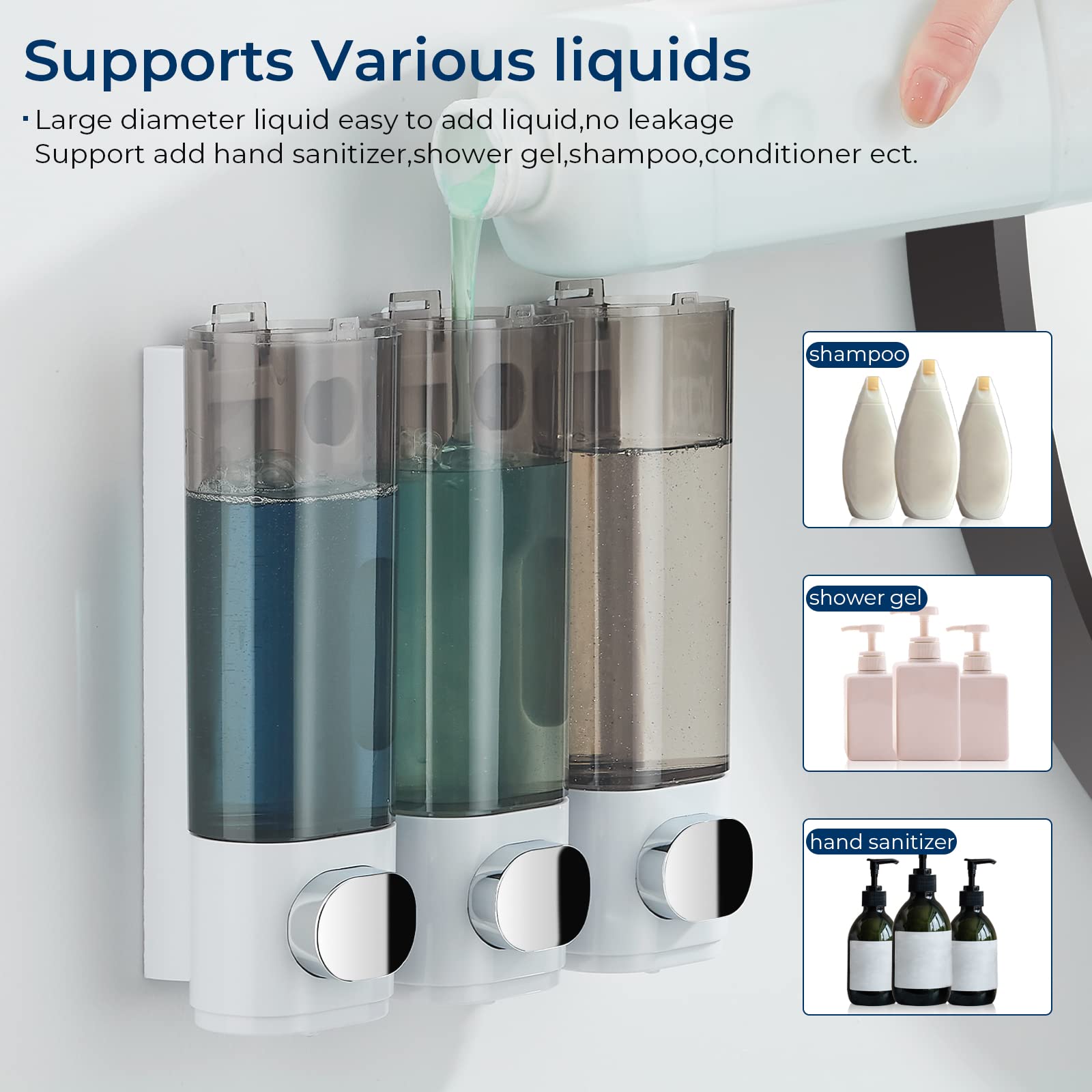 Shampoo And Conditioner Dispenser, Shower Soap Dispenser 3 Chamber No Drill Shampoo Dispenser For Shower Wall Mounted Shampoo Co