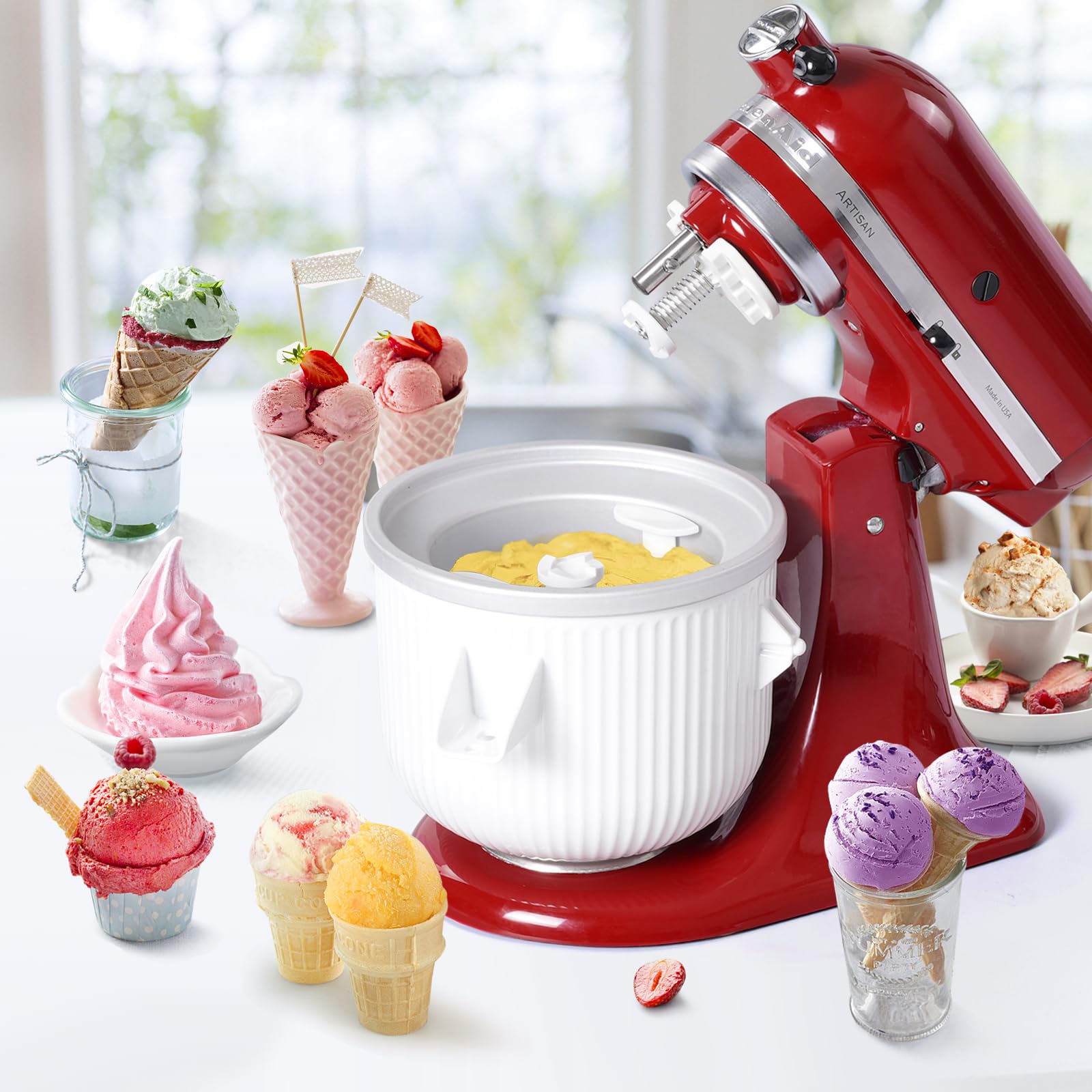 Gdrtwwh Ice Cream Attachment for Kitchenaid Stand Mixer Ice Cream & Sorbet Gelato Maker Fits Kitchenaid 4.5-5Qt Stand Mixer and 5-6-7Qt Bowl-Lift(Dishwasher Safe)