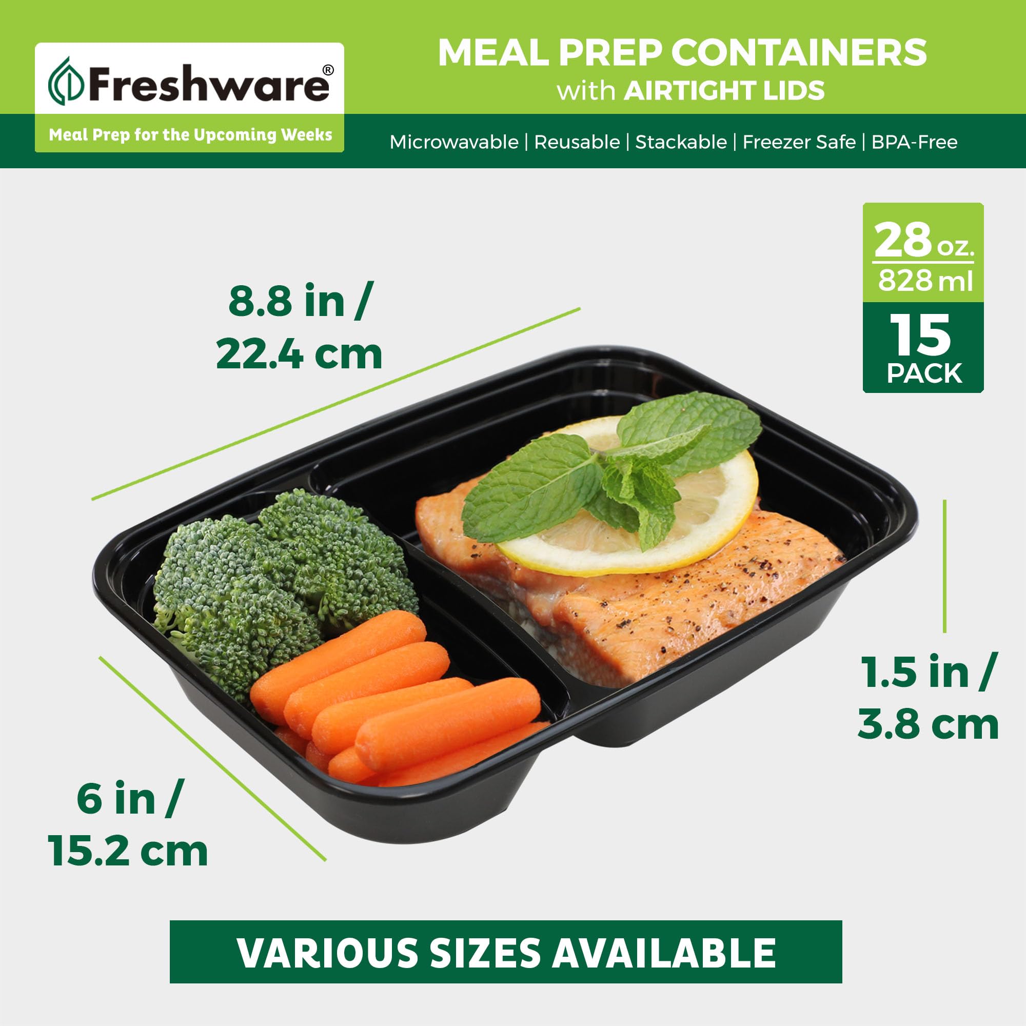 Freshware Meal Prep Containers [15 Pack] 2 Compartment With Lids, Food Storage Containers, Bento Box, Bpa Free, Stackable, Micro