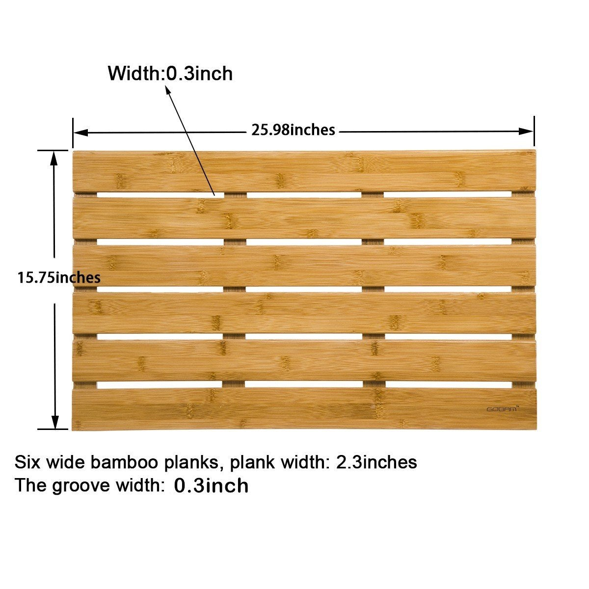 Gobam Bamboo Bath Mat, Large, 26 X 15.8 X 1.3 Inches - Non-Slip - Floor Mat For Bathroom, Spa, Sauna, Kitchen, Indoor & Outdoor
