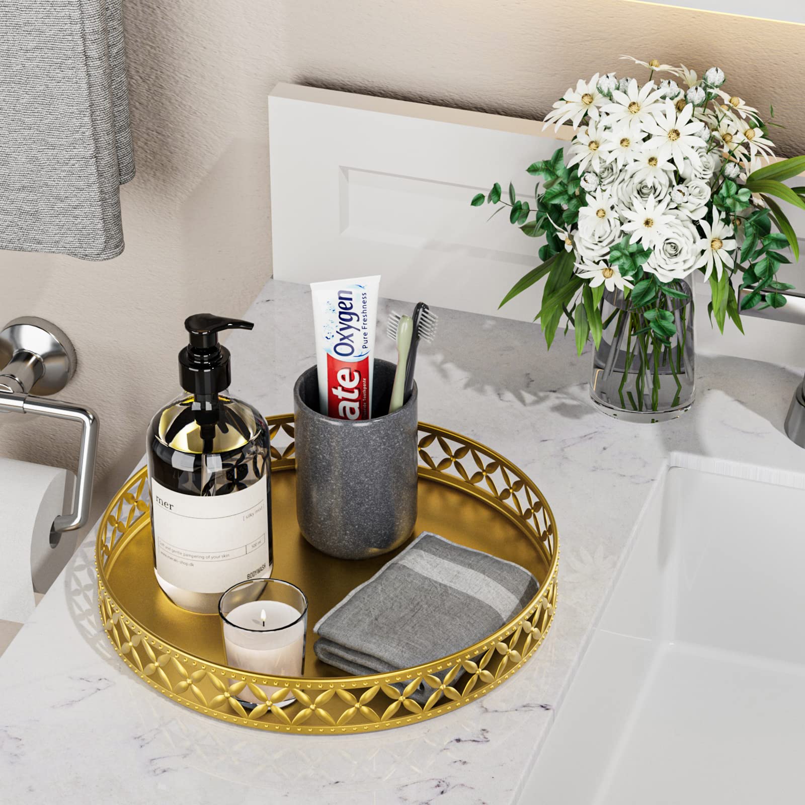 Eknitey Bathroom Counter Vanity Tray - Perfume Makeup Tray For Dresser Tops Gold Round Serving Tray Candle Decorative Storage Tr
