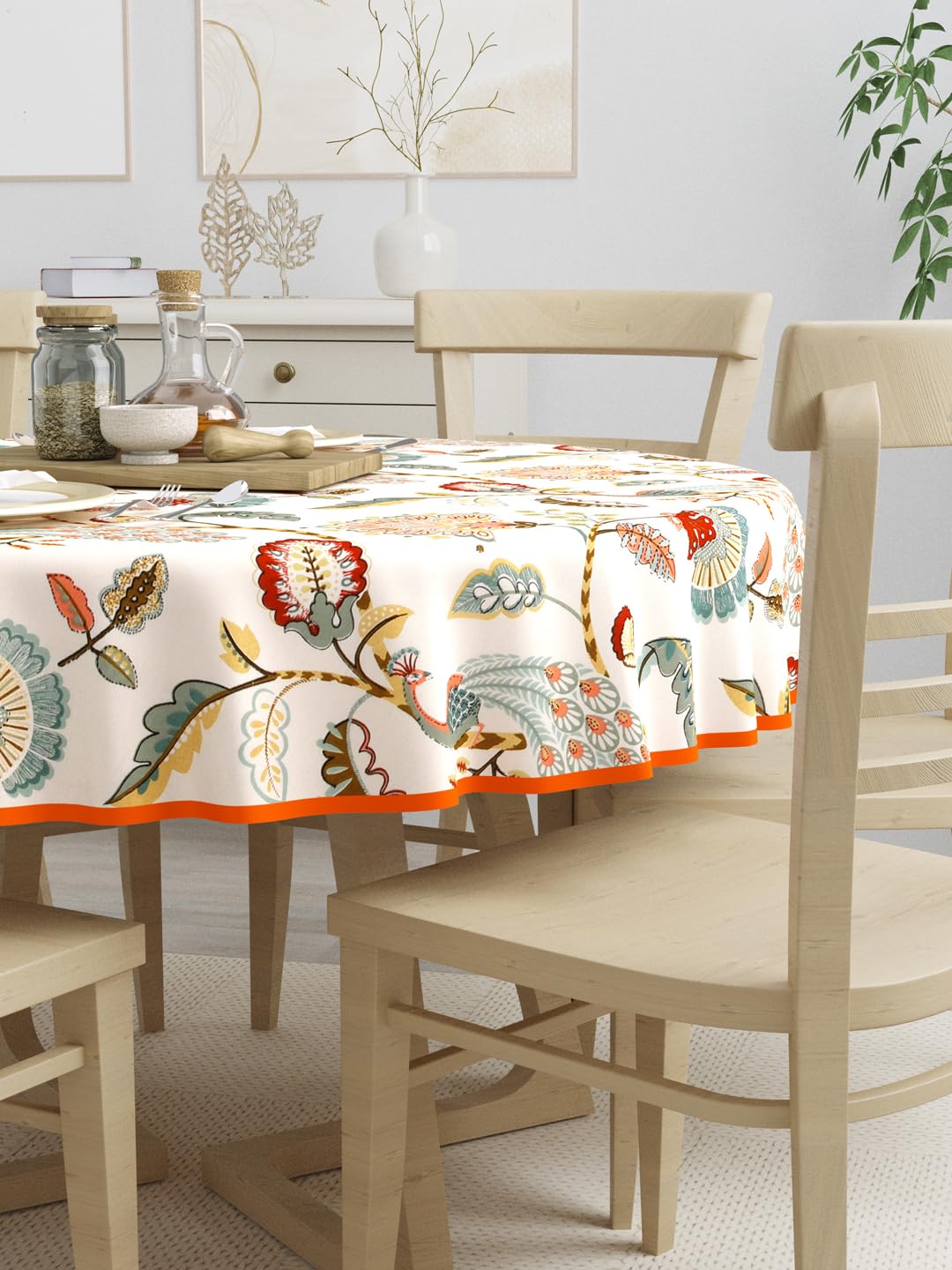 Clasiko 100% Cotton 6 Seater Round Table Cover; 72x72 Inches; Multicolor Peacock