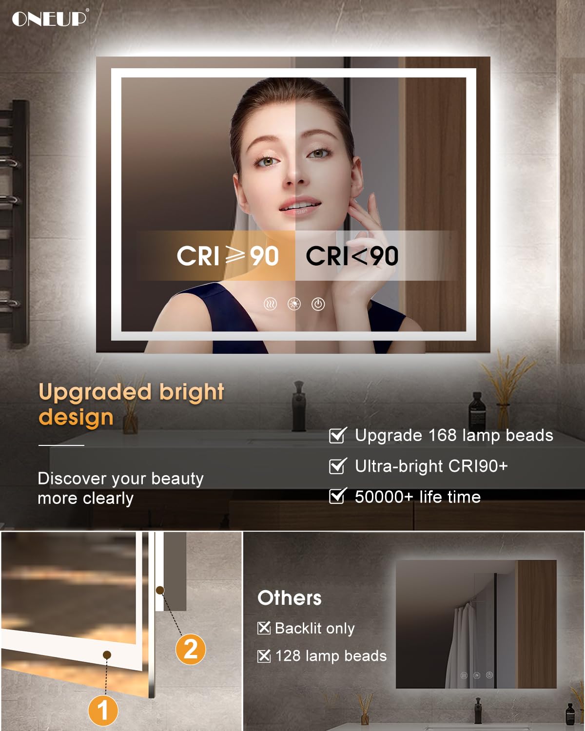 Oneup 48X36'' Led Bathroom Mirror,Lighted Bathroom Mirror With Lights,Dimmable 3 Colors Temperature,Anti-Fog,Modern Led Vanity M