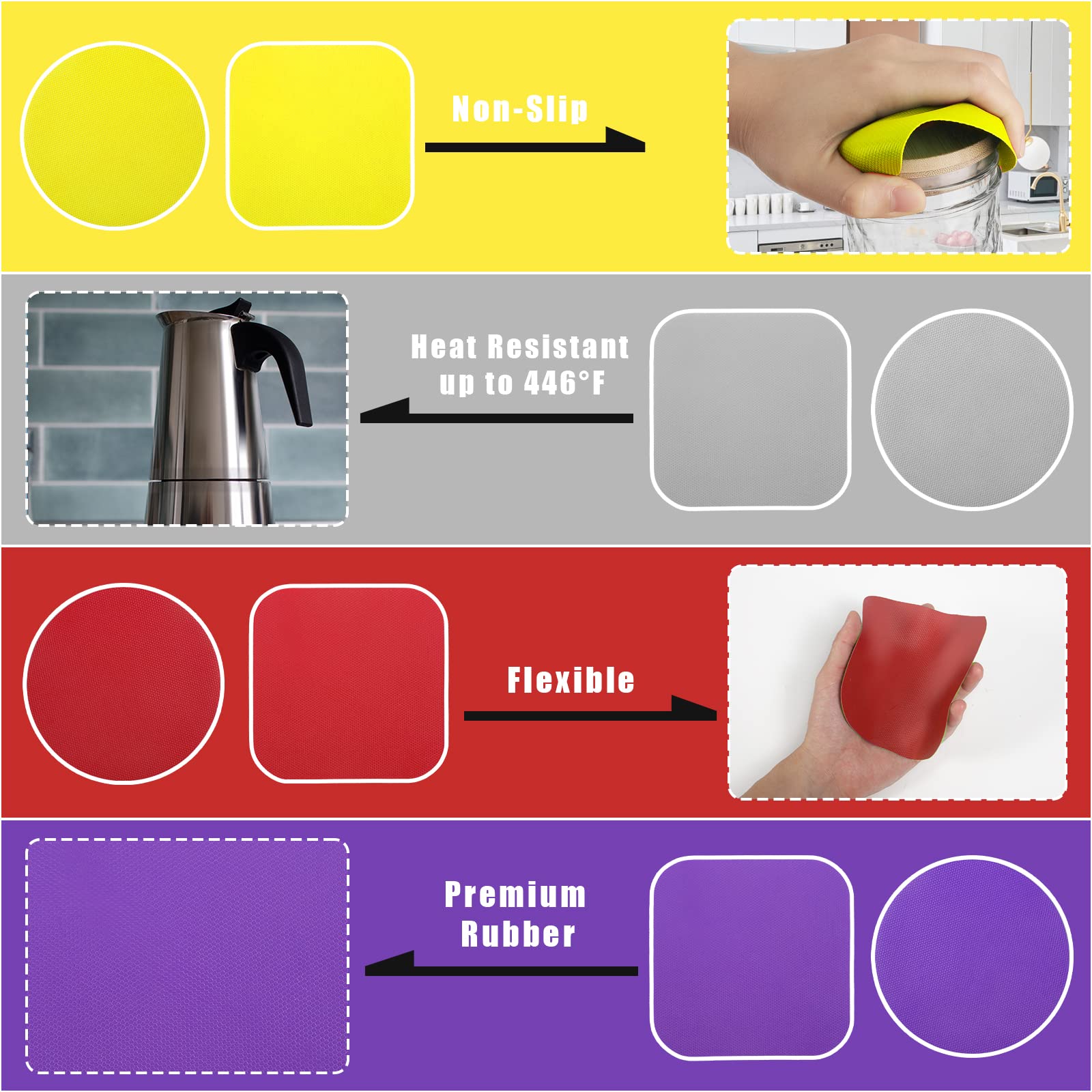 8Pcs Jar Opener Grippers, Round And Square Rubber Bottle Opening Pad Multifunctional Non Skid Jar Opener Silicone Heat Resistant