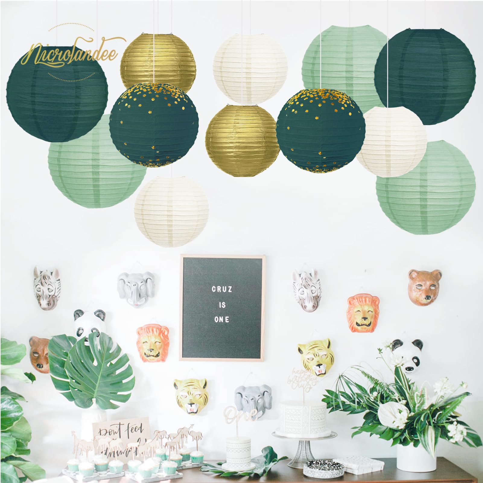 NICROLANDEE Wedding Party Decorations - 12Pcs Green Gold Hanging Paper Lanterns for Rustic Style Spring Decor Bridal Shower Baby Shower Birthday Eucalyptus Neutral Party Decor (Forest Green)