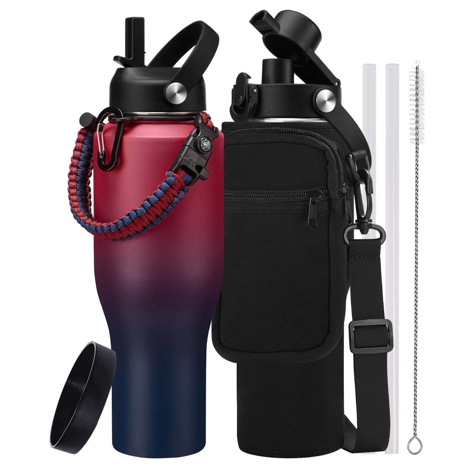40 oz Insulated Water Bottle with Straw Lid & Popup Spout Lid, Carrier Bag