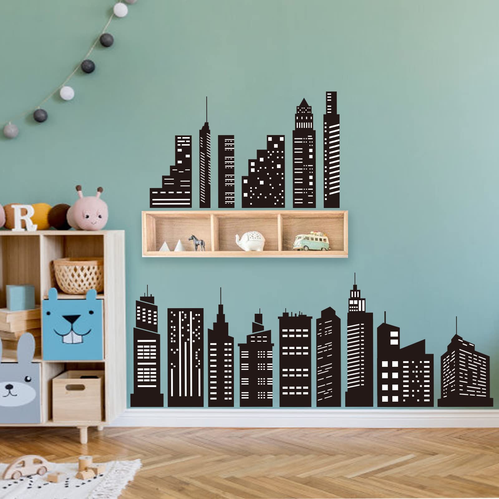 Wondever Black City Skyline Wall Stickers City Building Silhouettes Peel And Stick Wall Art Decals For Bedroom Living Room
