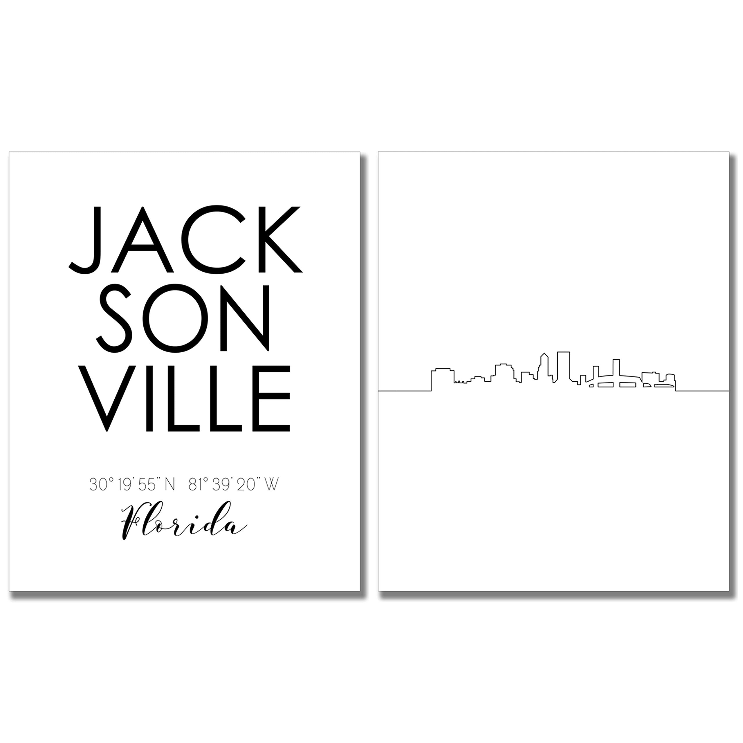 N&T Jacksonville City Skyline Wall D  Cor Prints - Set Of 2 (8X10) Art Photos - Typography Minimalist Poster