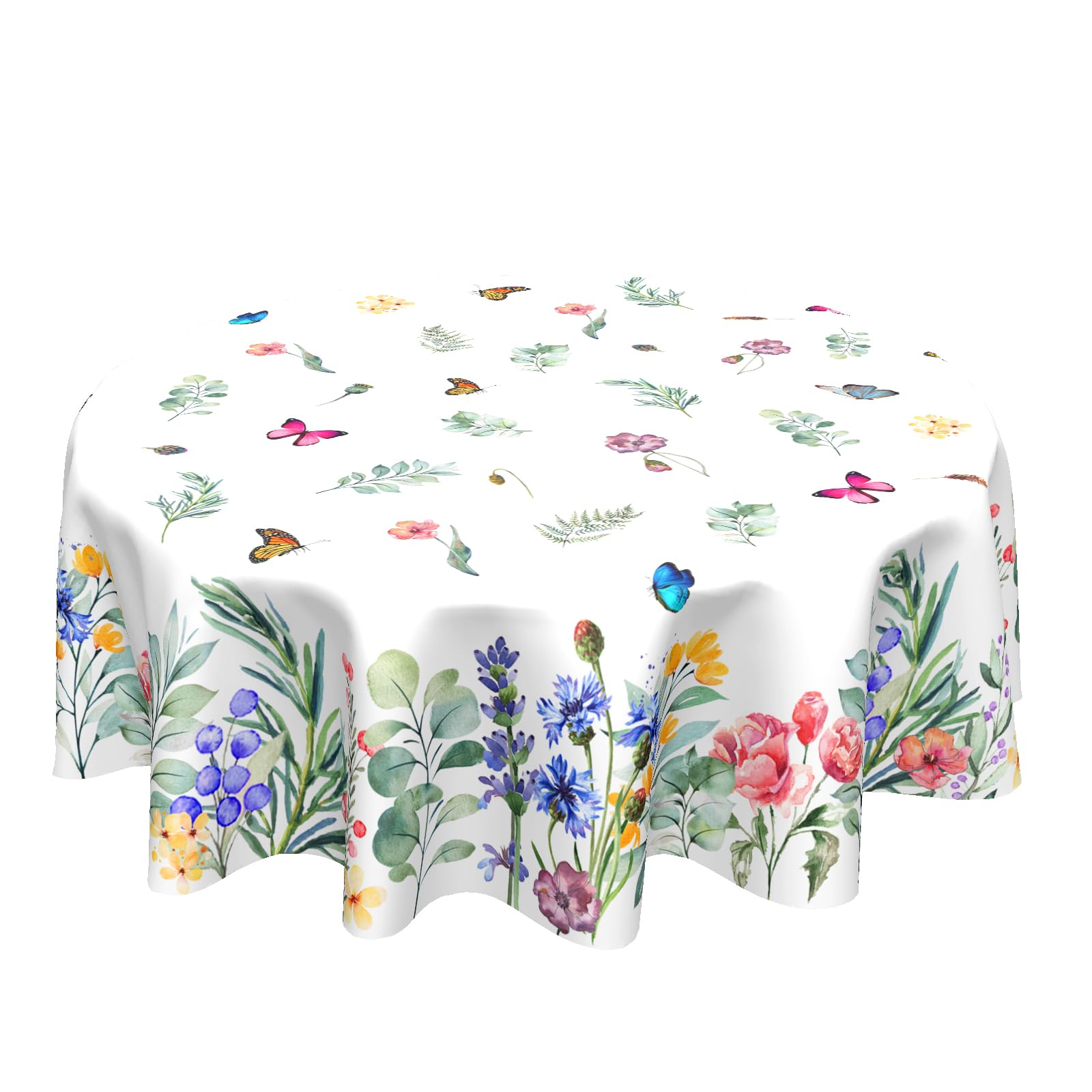 Absop Spring Summer Floral Tablecloth Round 60 Inch Watercolor Butterfly Flower Table Cloth Washable Farmhouse Table Covers For