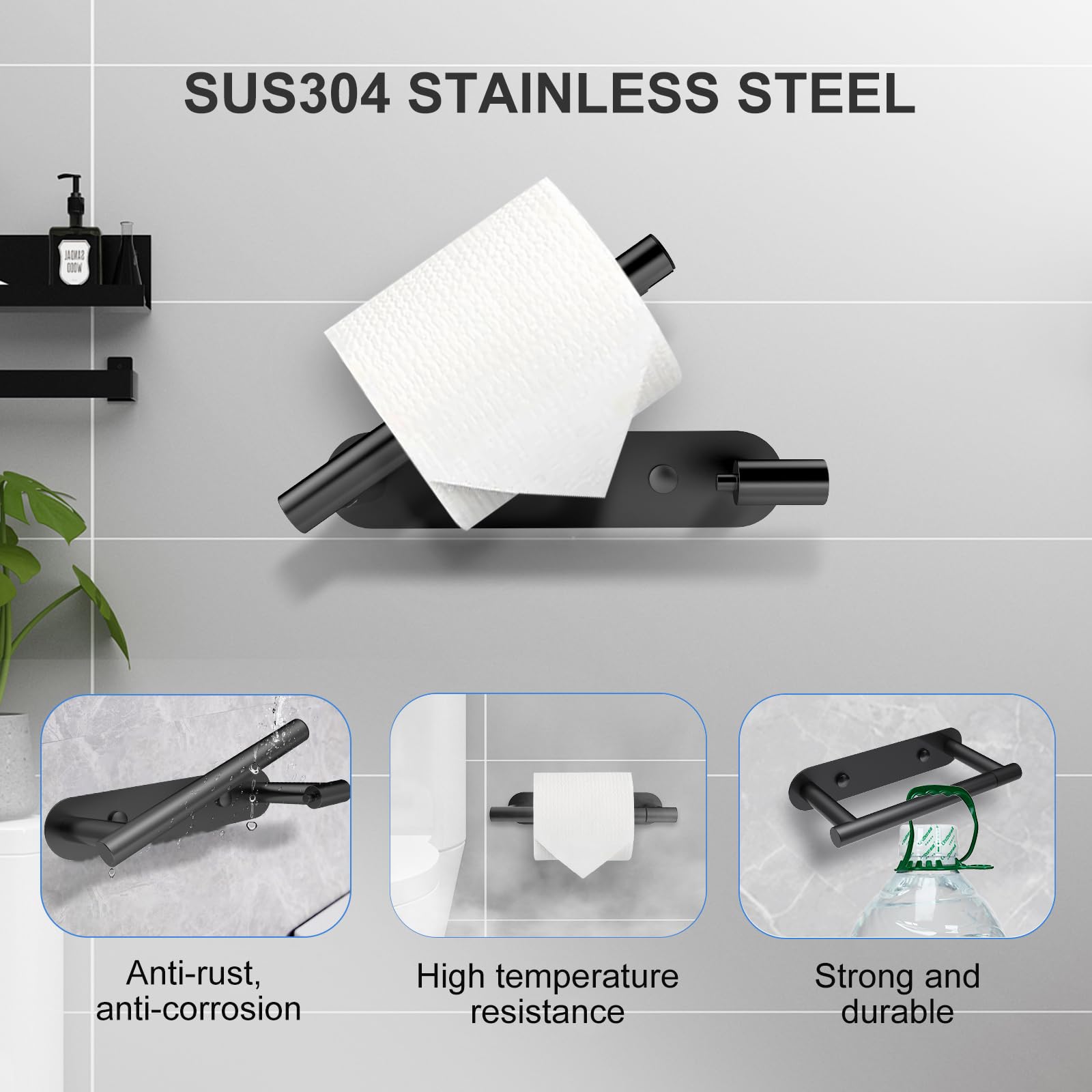Setsail Toilet Paper Holder Adhesive Or Screw-In Matte Black Bathroom Toilet Paper Roll Holders Wall Mount Stainless Steel Tissu