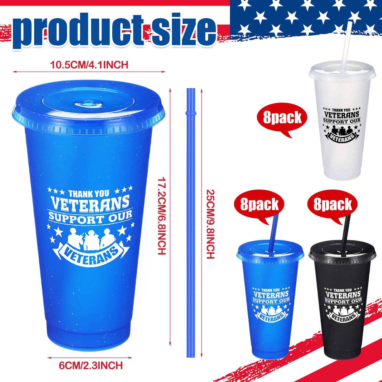 Skylety 24 Pcs Veterans Appreciation Gift 24 oz Support Our Veterans Day Gifts Plastic Coffee Cups with Straws and Lids Team Gif