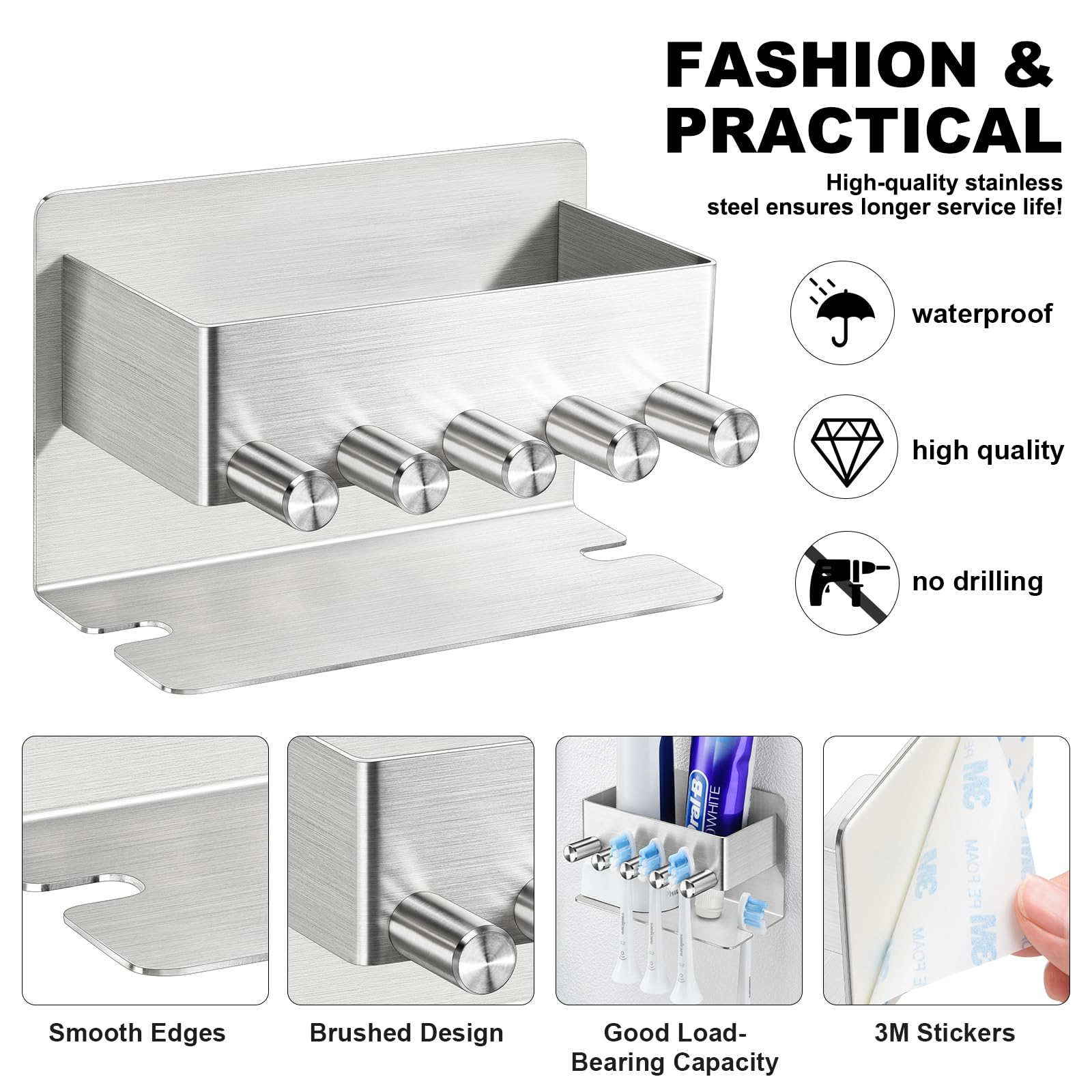 Yayinli Toothbrush Holders - Wall Mounted Toothpaste Holder For Bathrooms, Stainless Steel Tooth Brushing Holder Shower Electric
