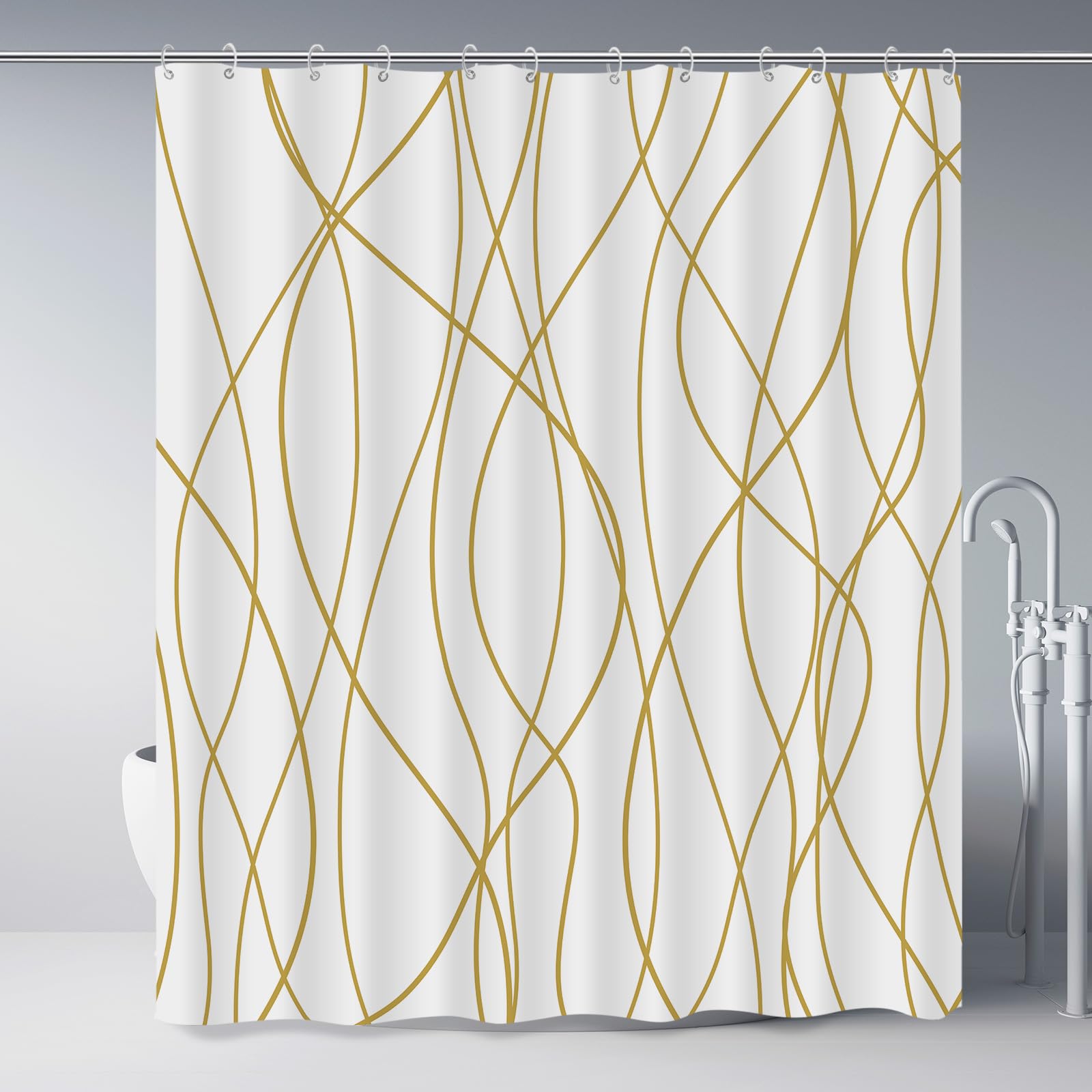 Punkray Gold Light Brown And White Striped Wavy Line Fabric Shower Curtain For Bathroom With Hooks, Shower Curtain Set Stripe Ba